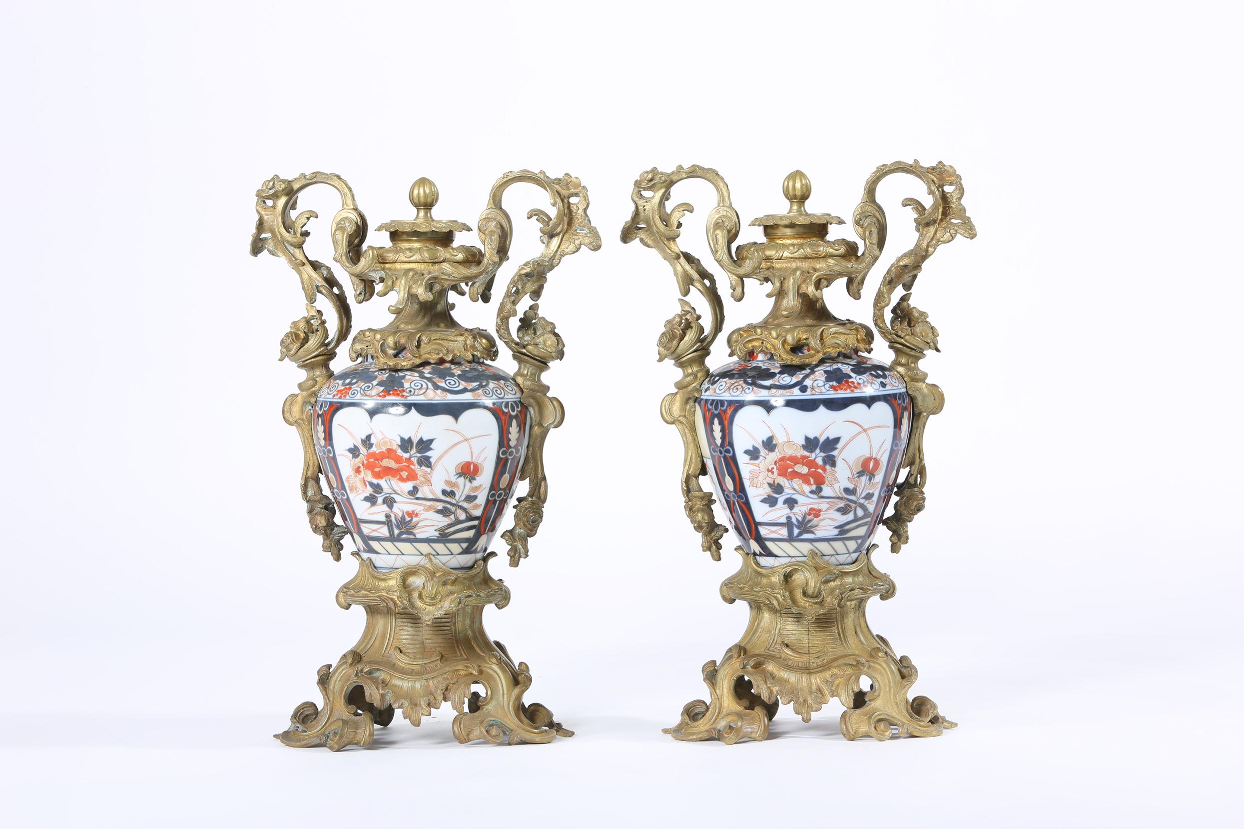 19th Century Pair / Gilt Bronze Mounted Imari Porcelain Vases For Sale 7