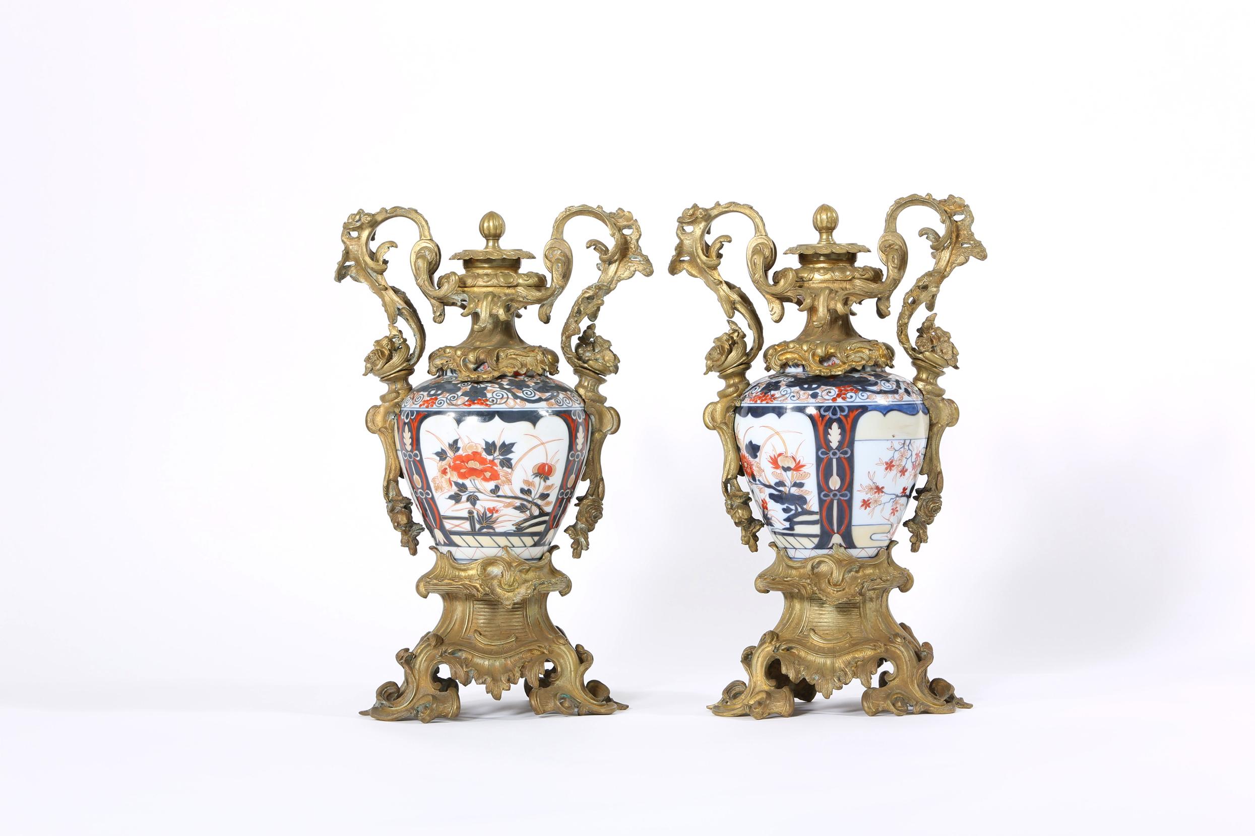 European 19th Century Pair / Gilt Bronze Mounted Imari Porcelain Vases For Sale