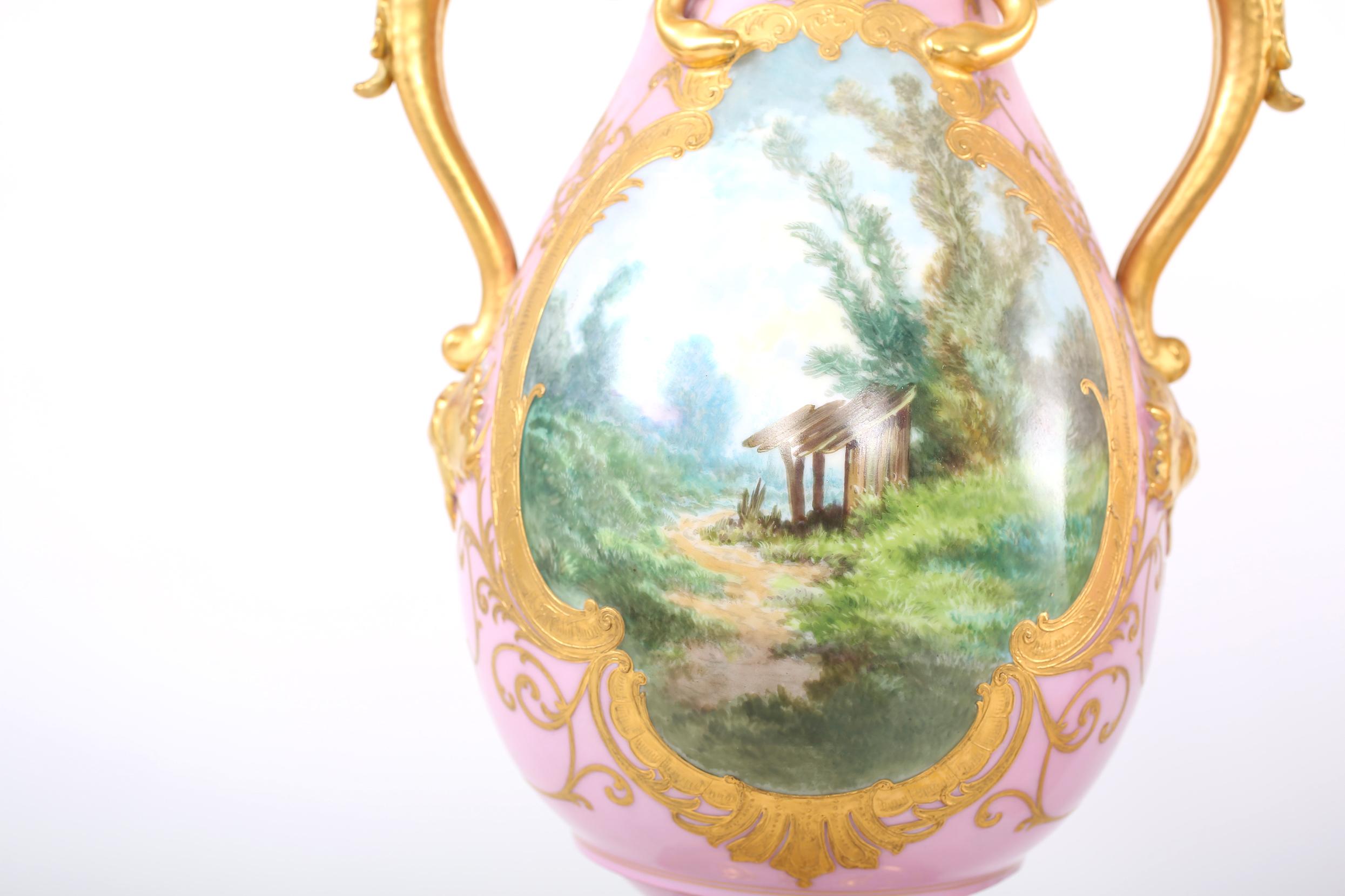 19th Century Pair Gilt Porcelain Decorative Urns / Vases For Sale 5