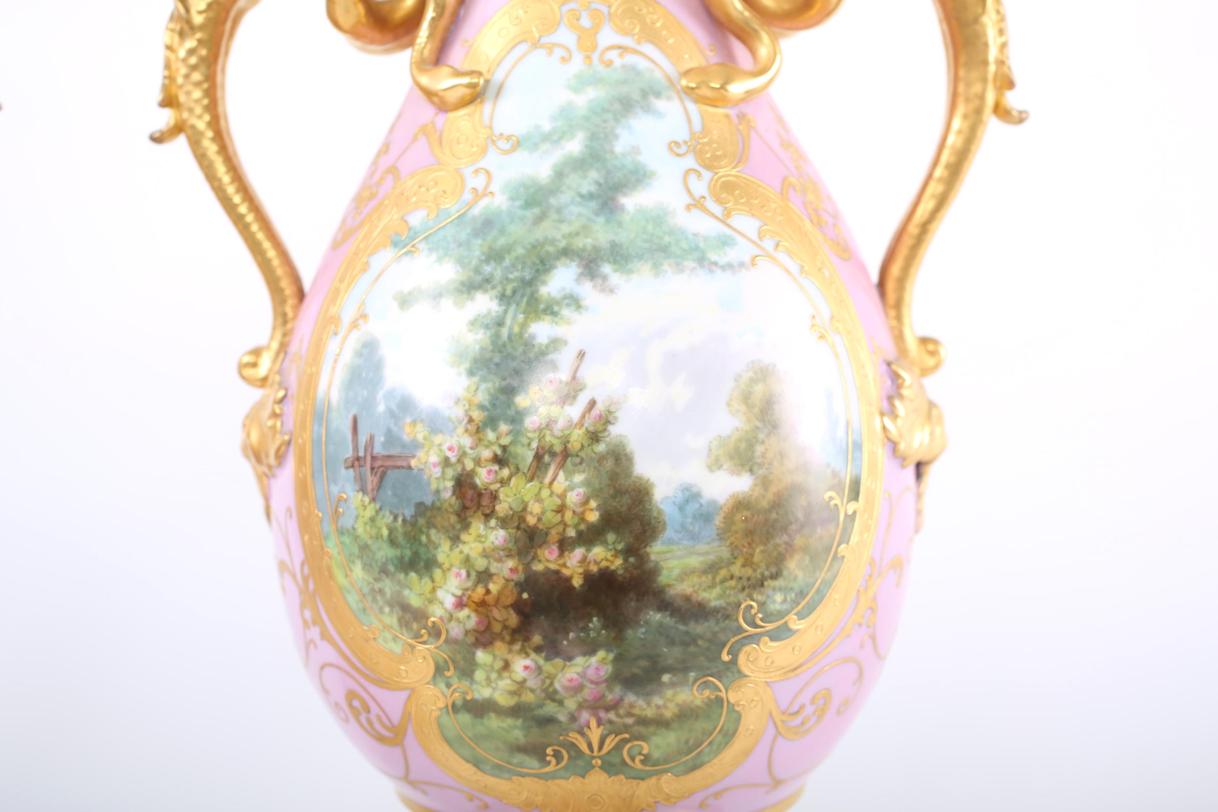 19th Century Pair Gilt Porcelain Decorative Urns / Vases For Sale 7