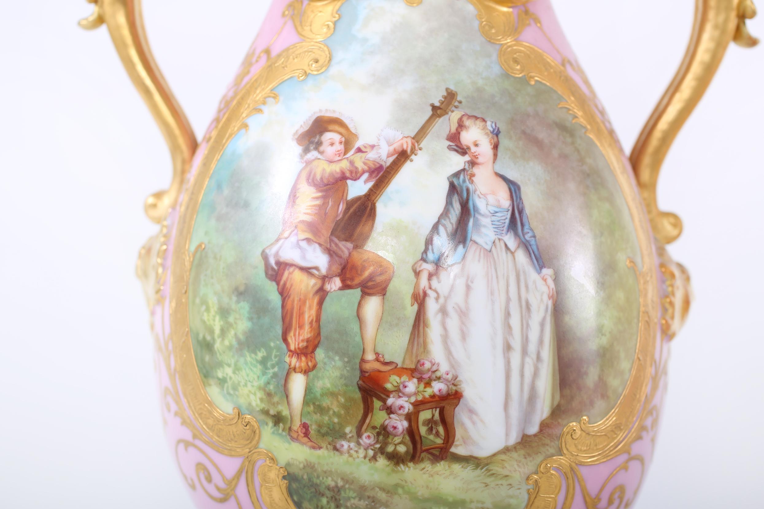 19th Century Pair Gilt Porcelain Decorative Urns / Vases For Sale 1