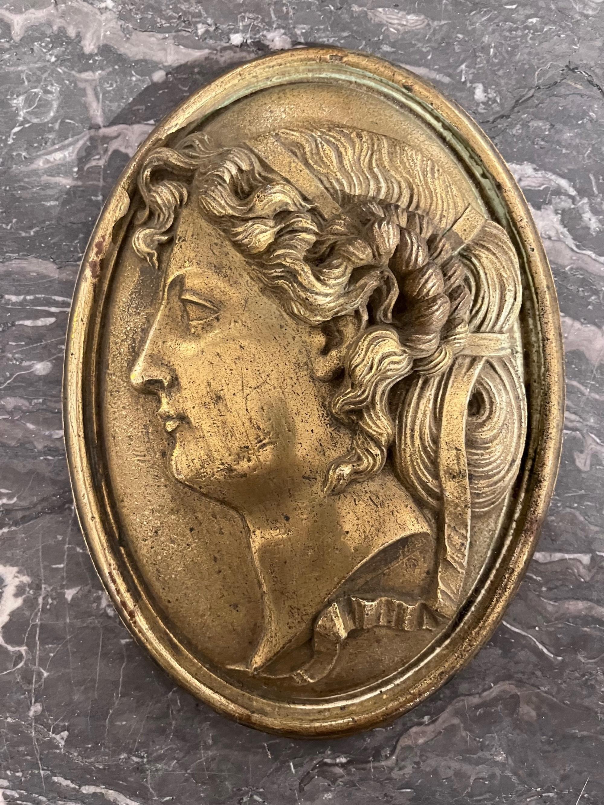 19th Century Pair Grand Tour Neoclassical Gilt Metal Relief Medallions For Sale 7