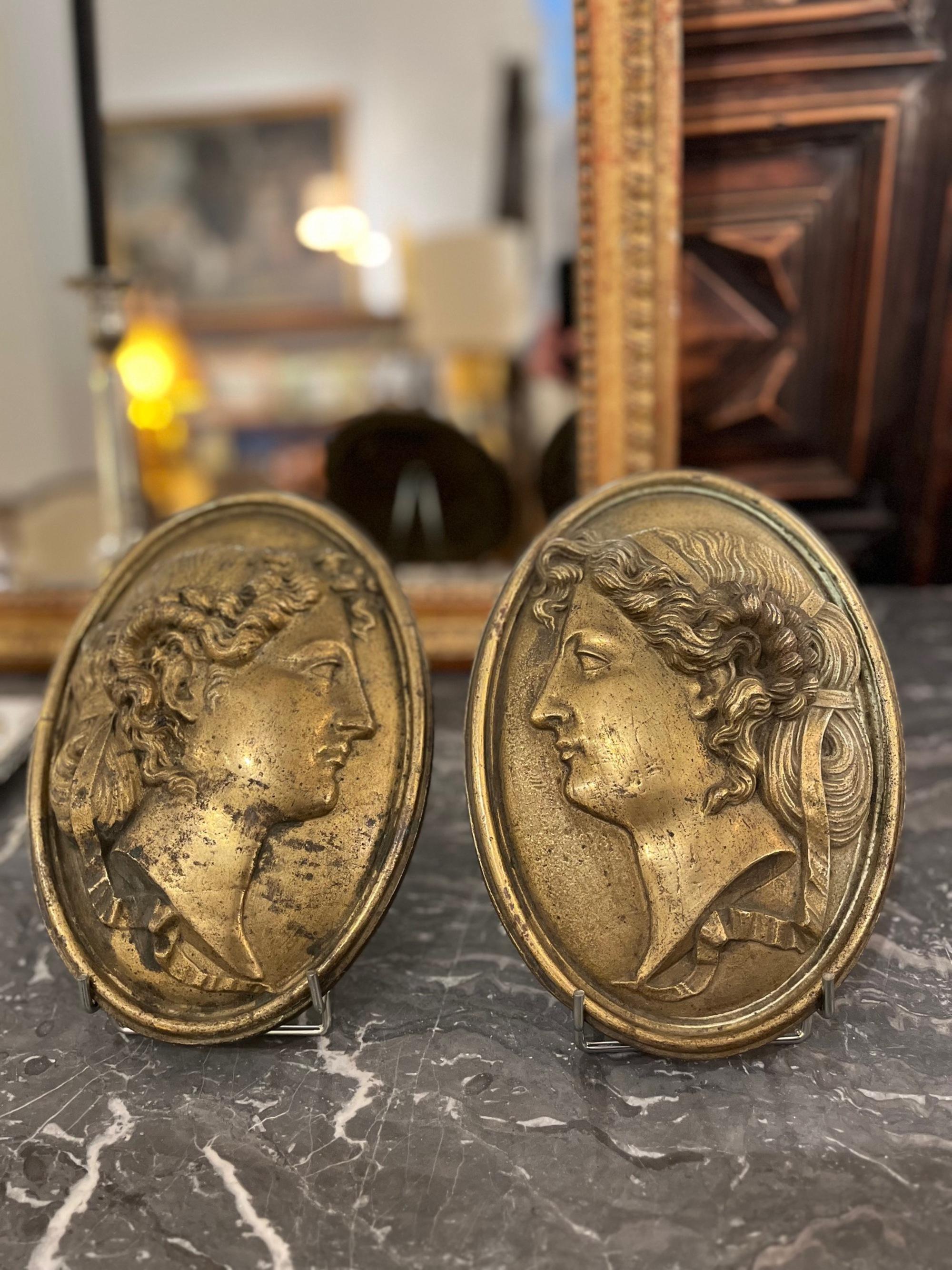 19th Century Pair Grand Tour Neoclassical Gilt Metal Relief Medallions For Sale 9