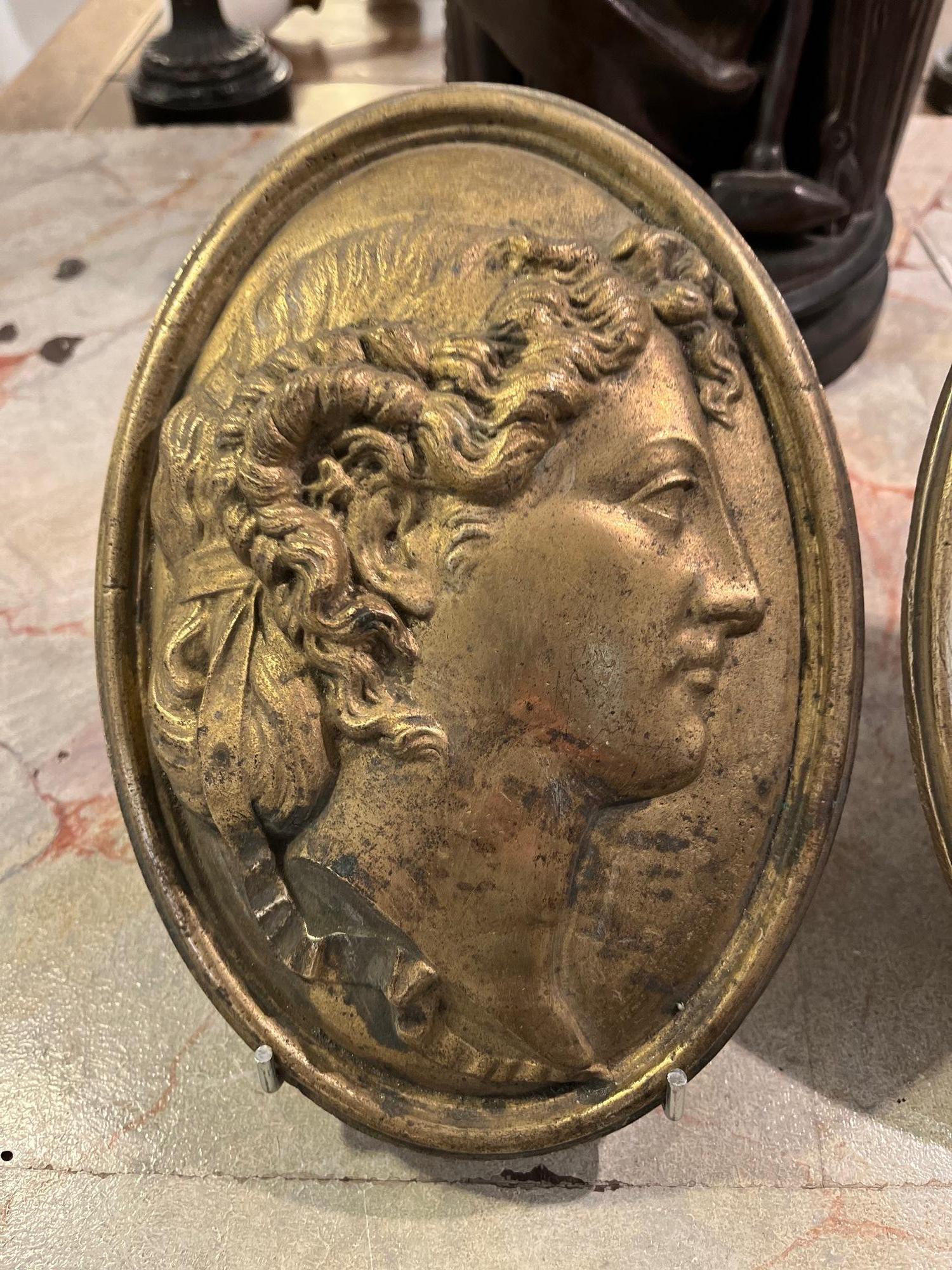 19th Century Pair Grand Tour Neoclassical Gilt Metal Relief Medallions For Sale 3