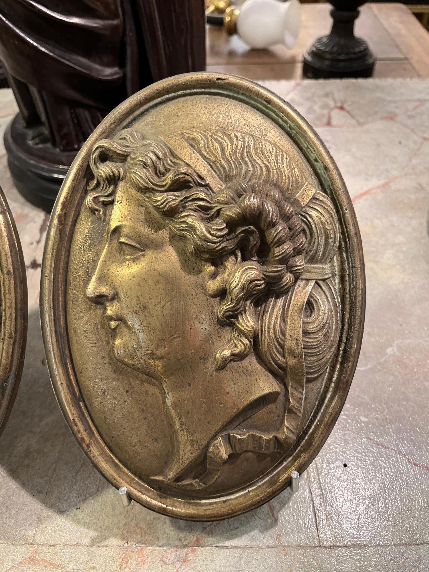19th Century Pair Grand Tour Neoclassical Gilt Metal Relief Medallions For Sale 4