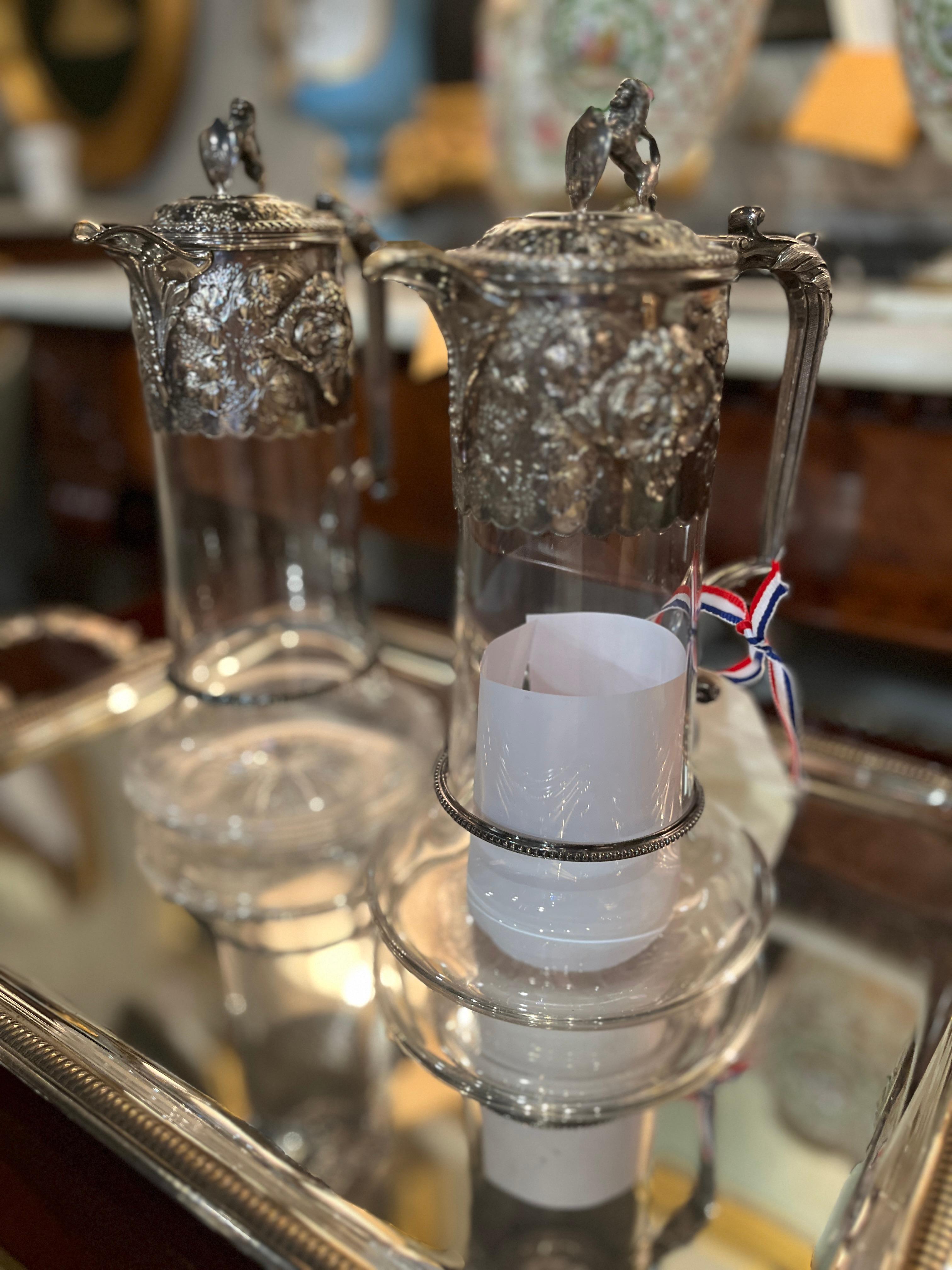19th Century Pair Irish Sterling Silver Crystal Claret Decanters Marked 