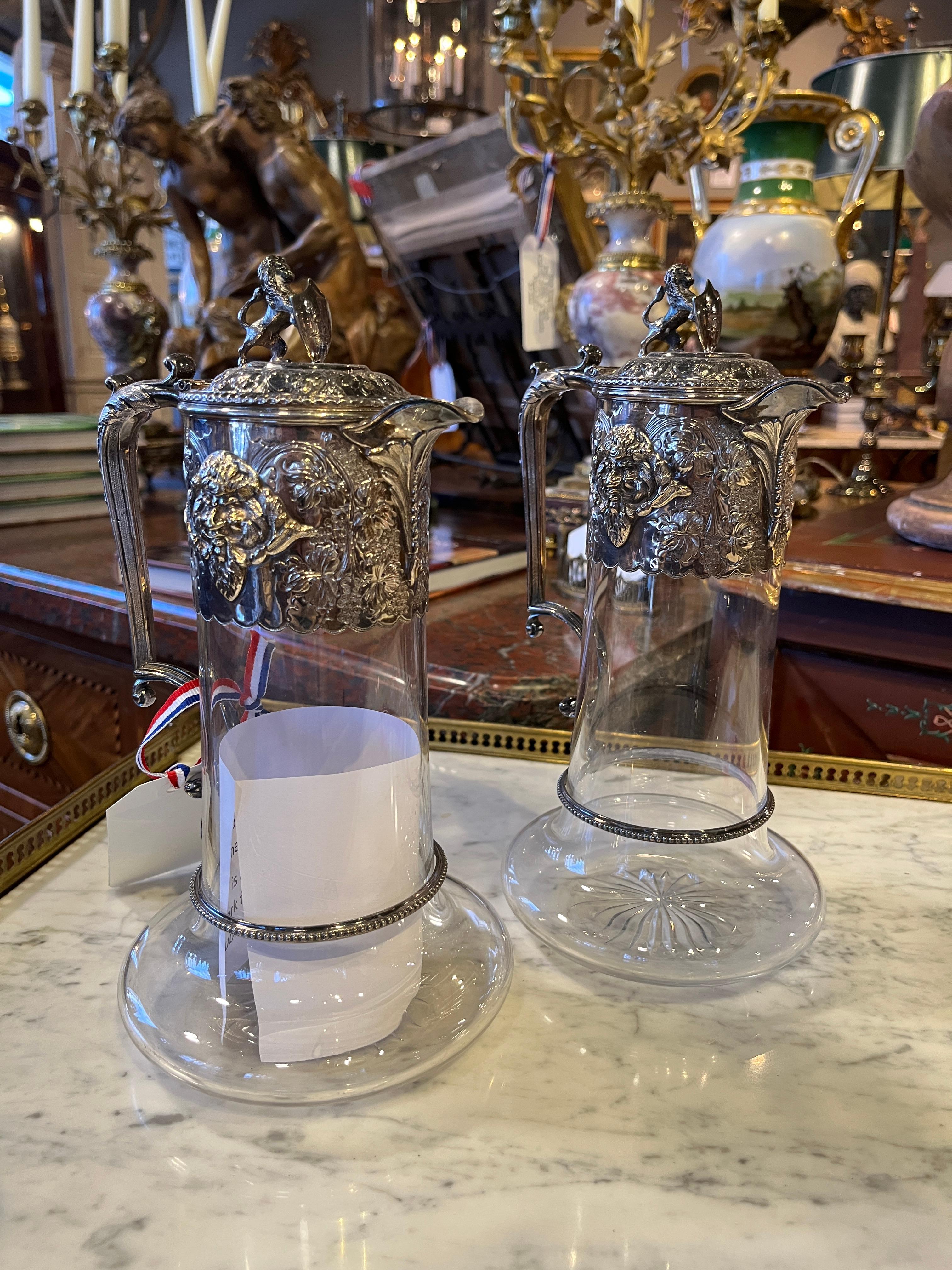 Victorien 19th Century Pair Irish Sterling Silver Crystal Claret Decanters Marked 