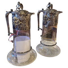 19th Century Pair Irish Sterling Silver Crystal Claret Decanters Marked "E"