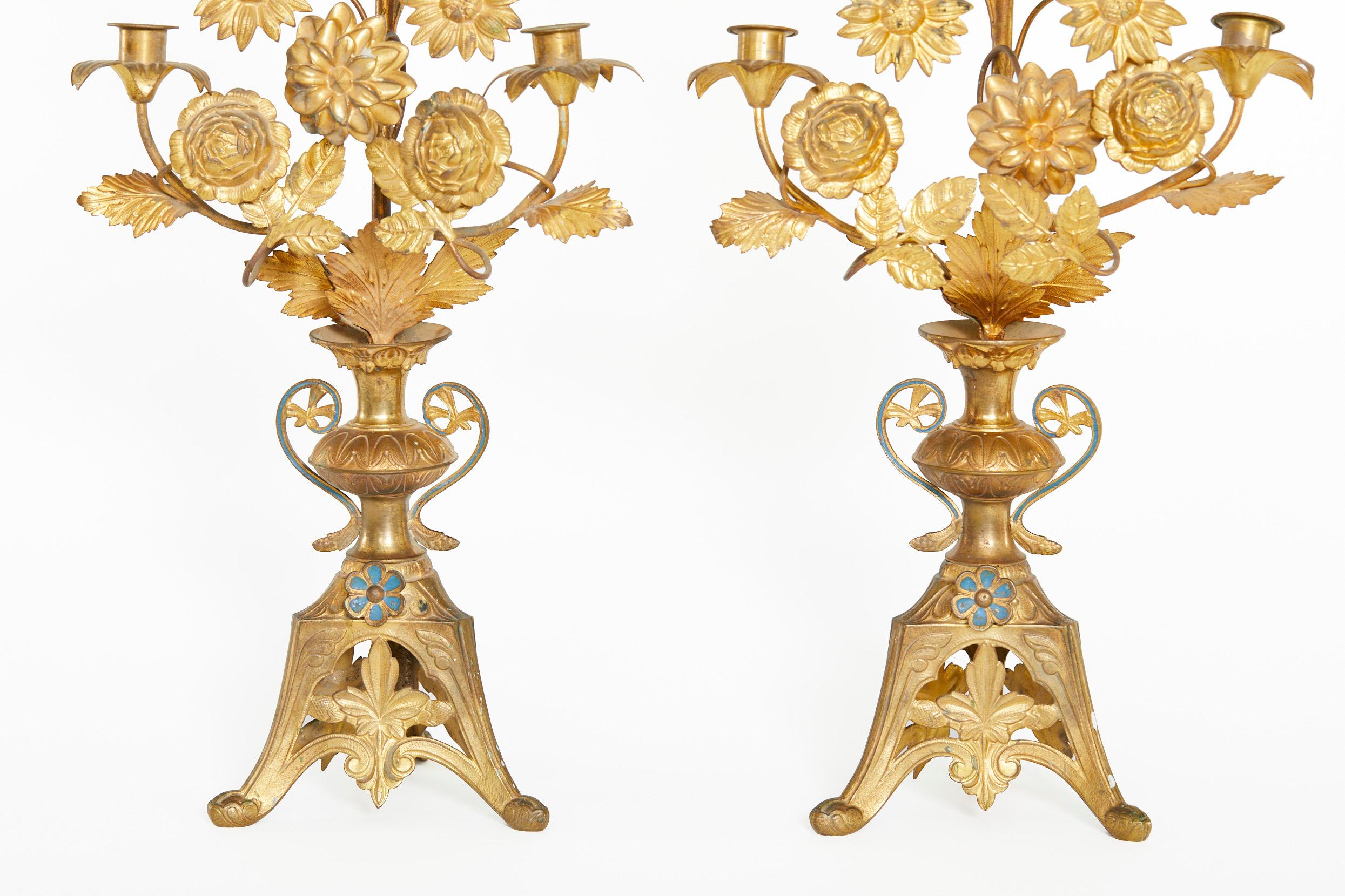 19th Century Pair Italian Gilt Brass Candleholders For Sale 2