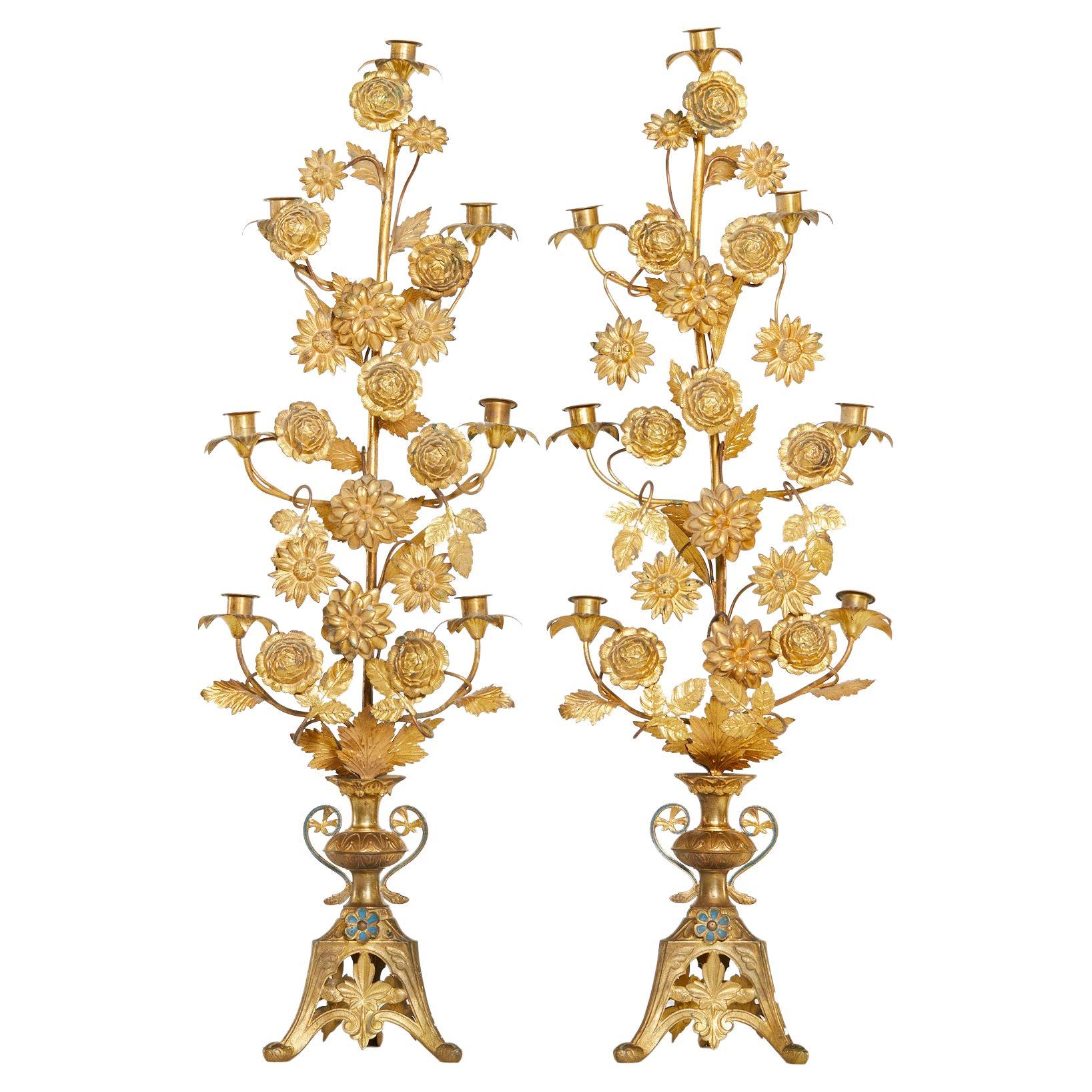 19th Century Pair Italian Gilt Brass Candleholders