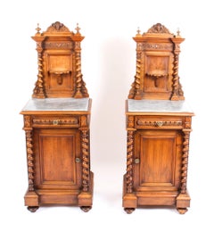 19th Century Pair of Italian Walnut Marble Top Bedside Cabinets