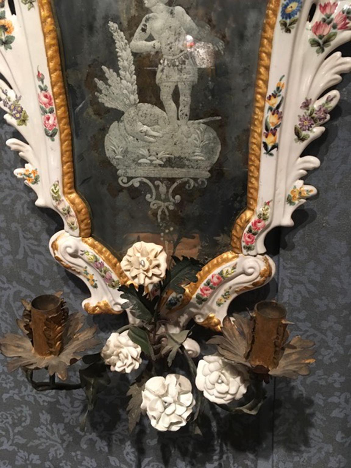 19th Century  Pair Italian White Porcelain Baroque Mirrors with Flowers For Sale 9