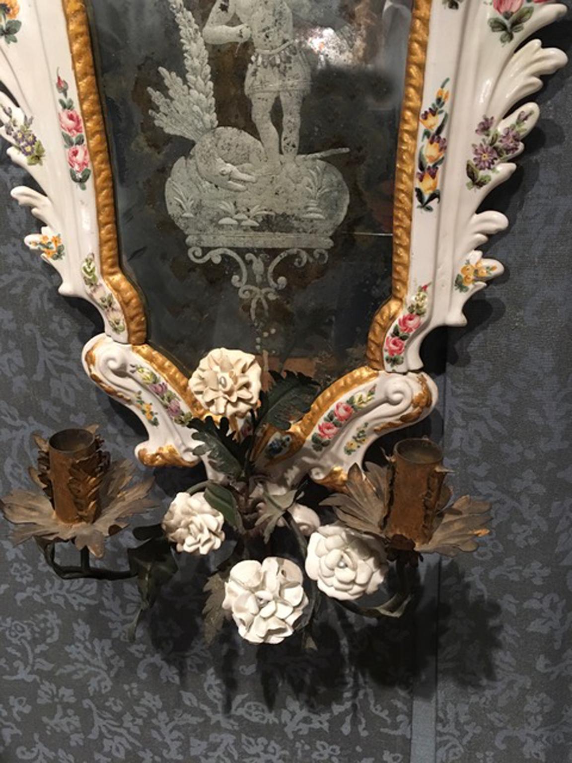 19th Century  Pair Italian White Porcelain Baroque Mirrors with Flowers For Sale 12
