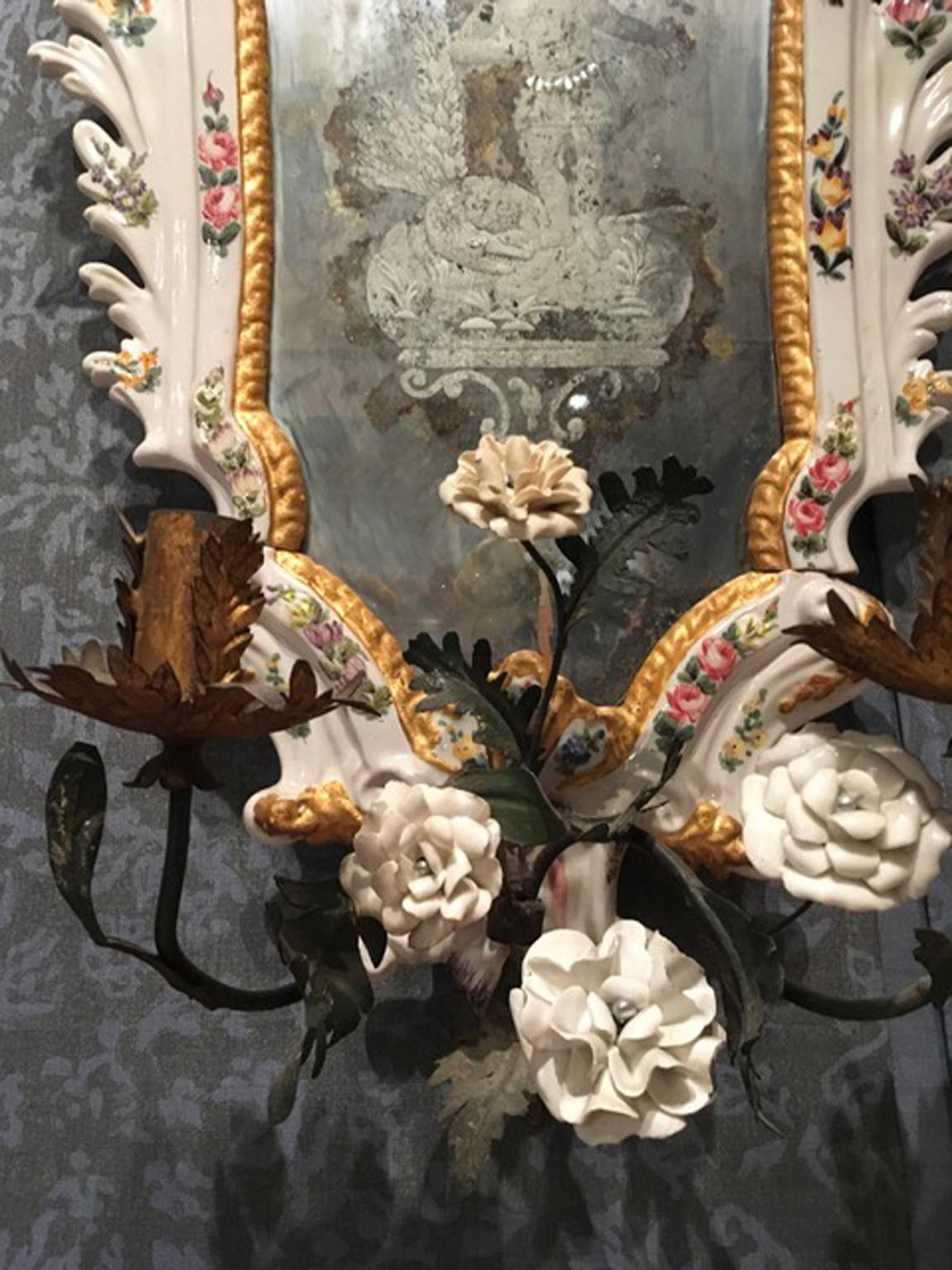 19th Century  Pair Italian White Porcelain Baroque Mirrors with Flowers For Sale 14