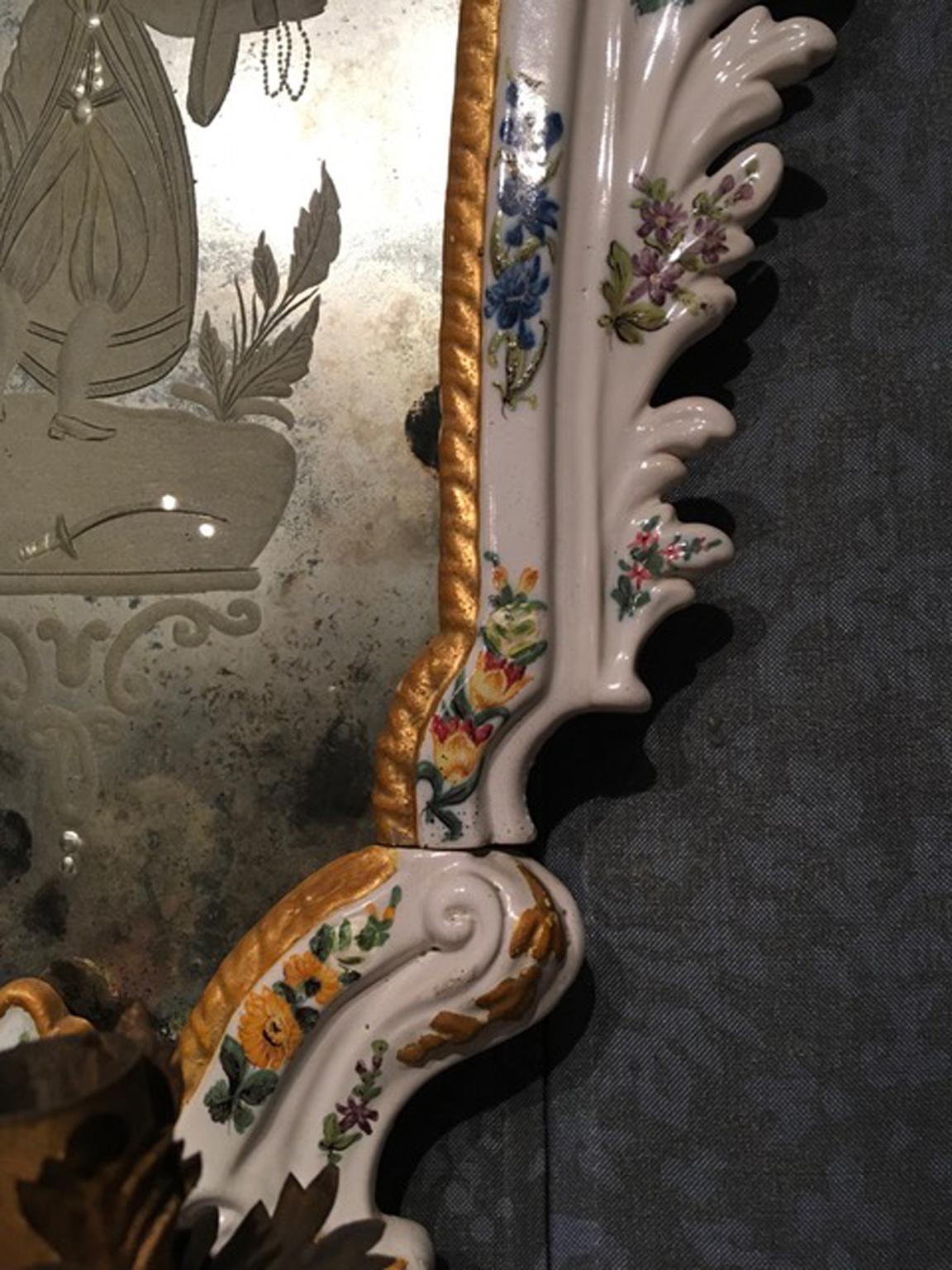 19th Century  Pair Italian White Porcelain Baroque Mirrors with Flowers For Sale 15