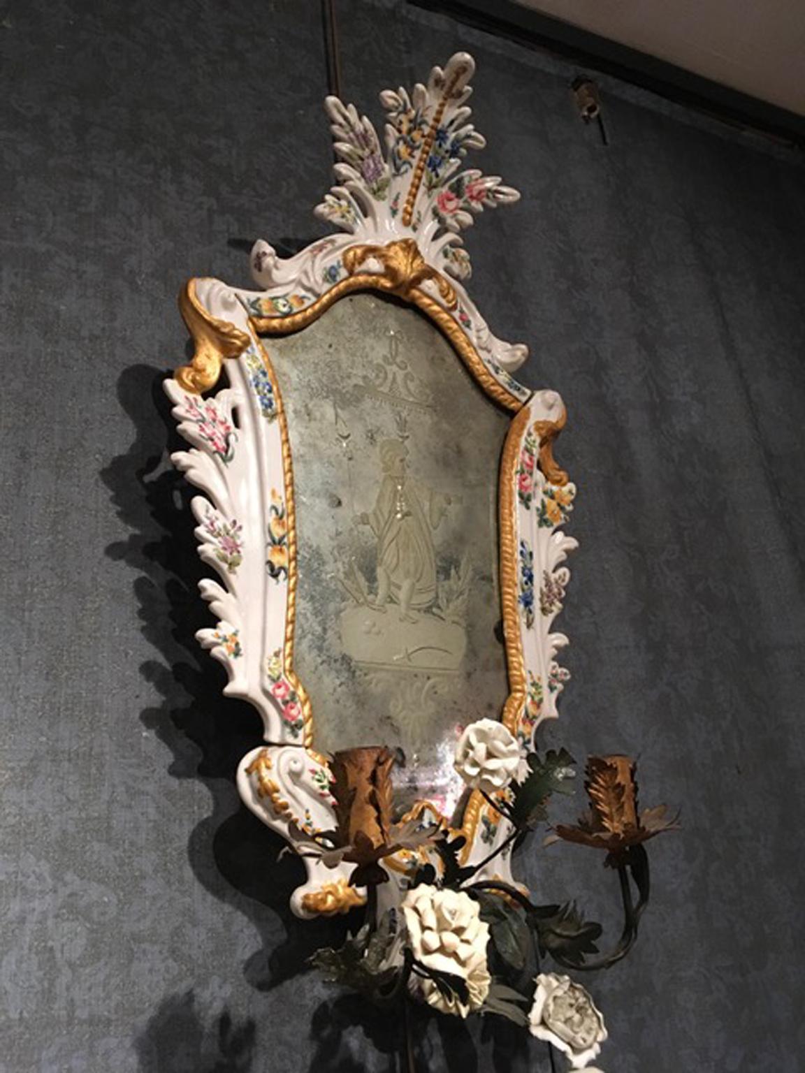 Hand-Crafted 19th Century  Pair Italian White Porcelain Baroque Mirrors with Flowers For Sale