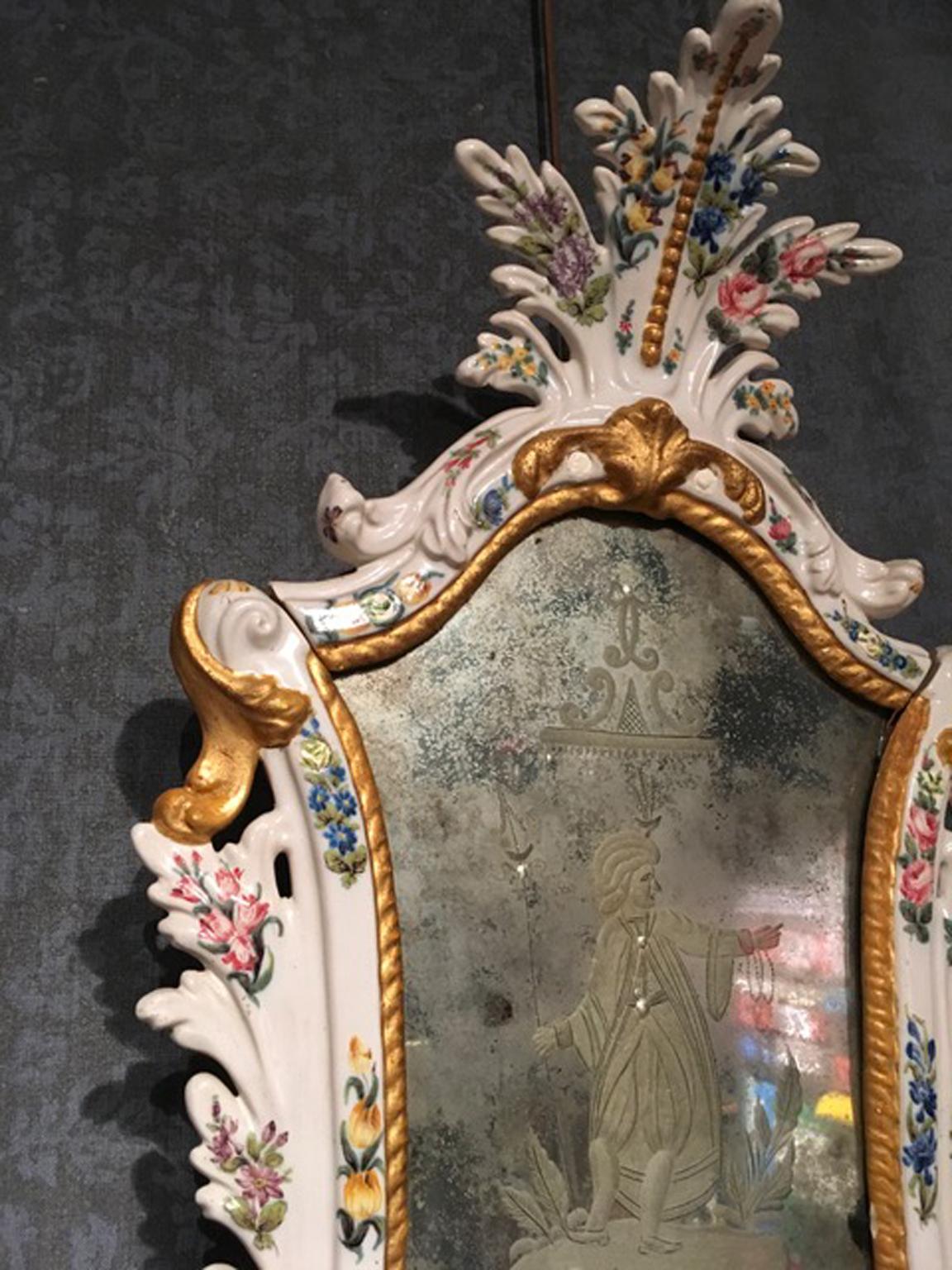 19th Century  Pair Italian White Porcelain Baroque Mirrors with Flowers In Good Condition For Sale In Brescia, IT