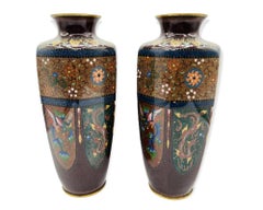 19th Century Pair Japanese Meiji Cloisonne Dragon Phoenix Vases