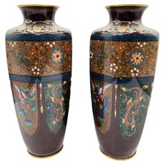 Used 19th Century Pair Japanese Meiji Cloisonne Dragon Phoenix Vases