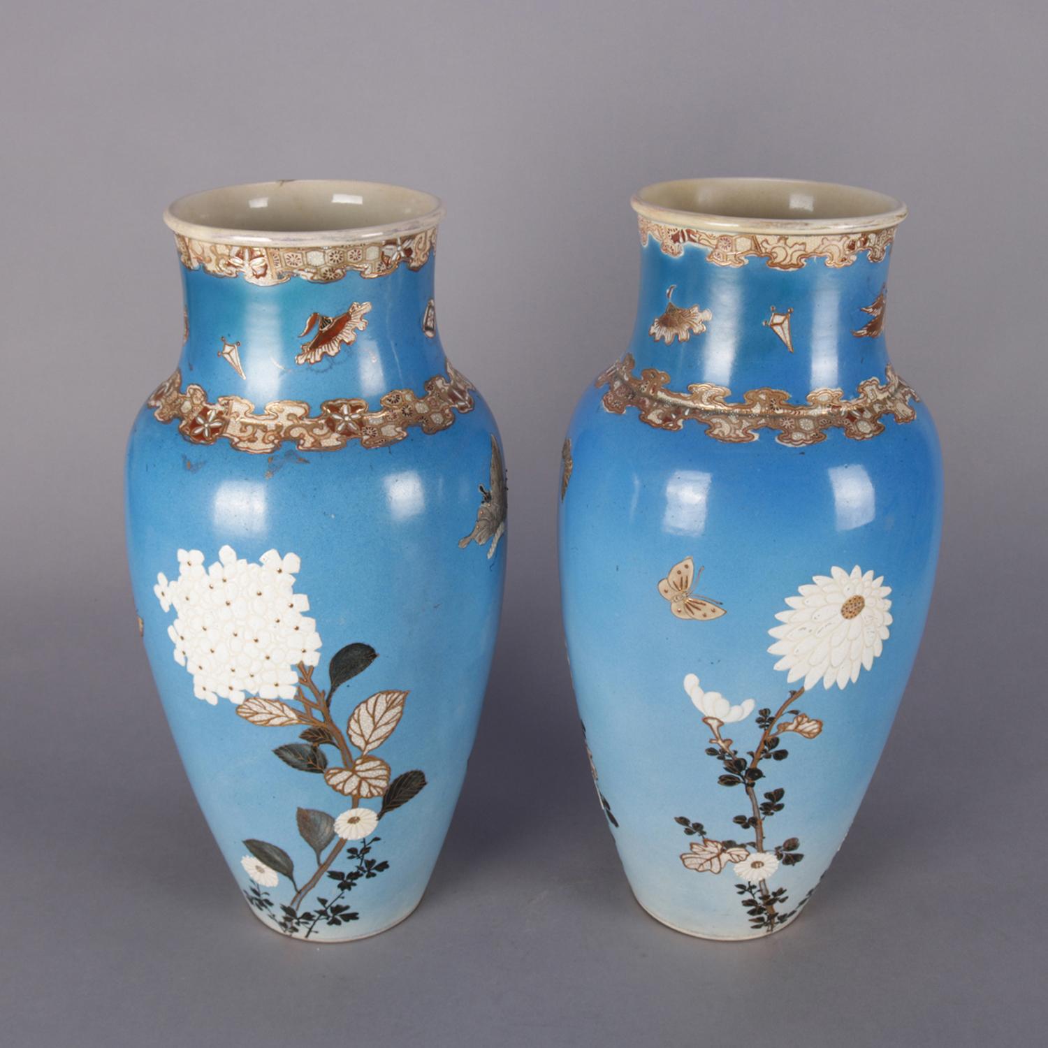 19th Century Pair Japanese Satsuma Hand Floral and Gilt Pottery Floor Vases In Good Condition In Big Flats, NY
