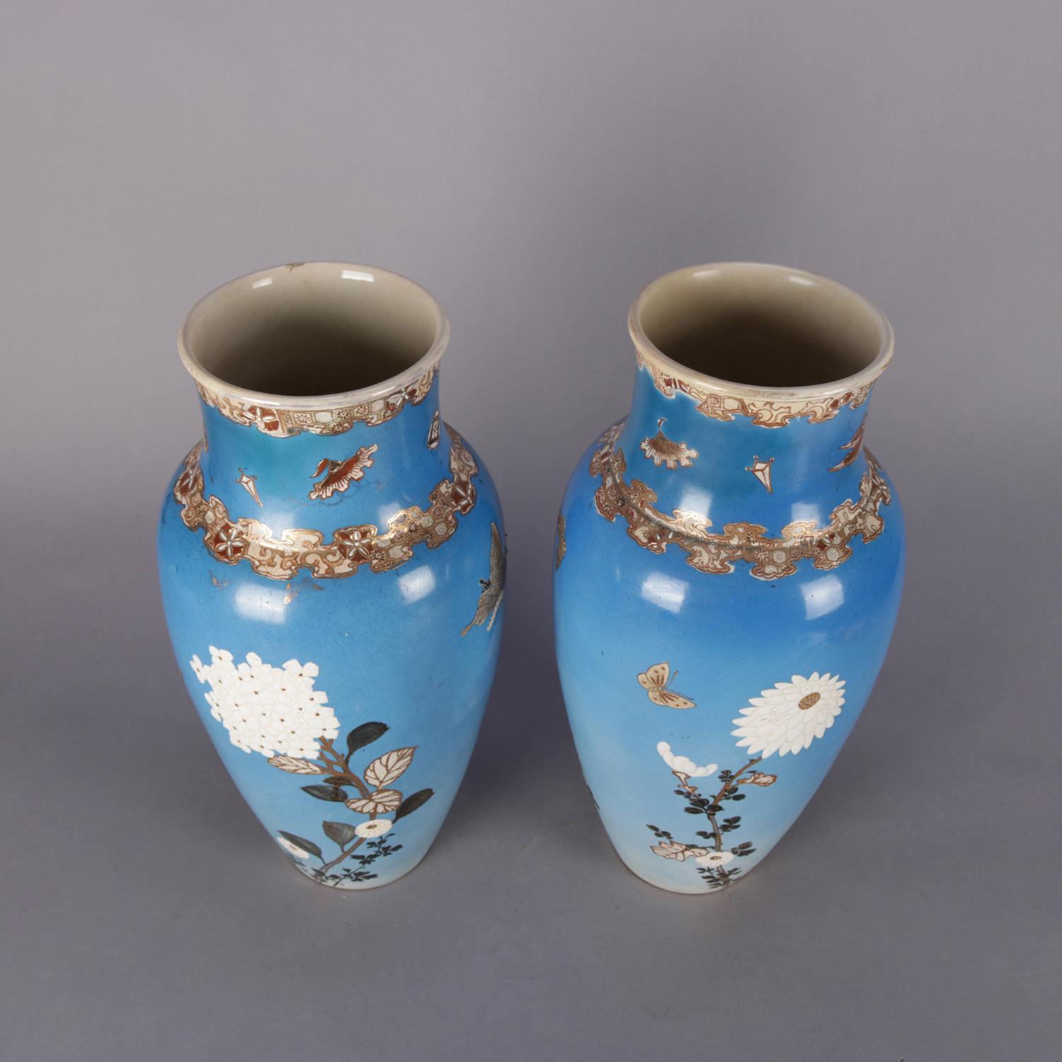20th Century 19th Century Pair Japanese Satsuma Hand Floral and Gilt Pottery Floor Vases