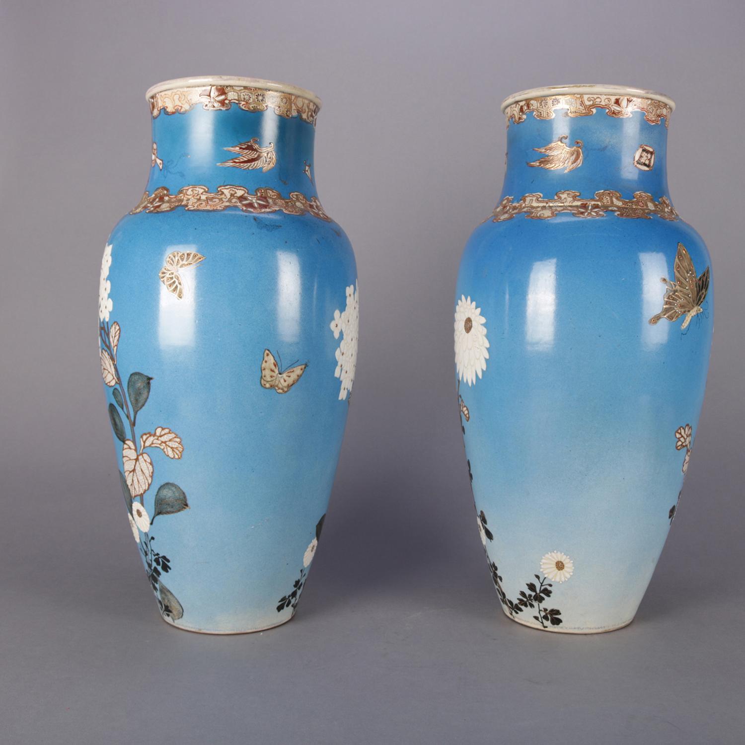 19th Century Pair Japanese Satsuma Hand Floral and Gilt Pottery Floor Vases 1