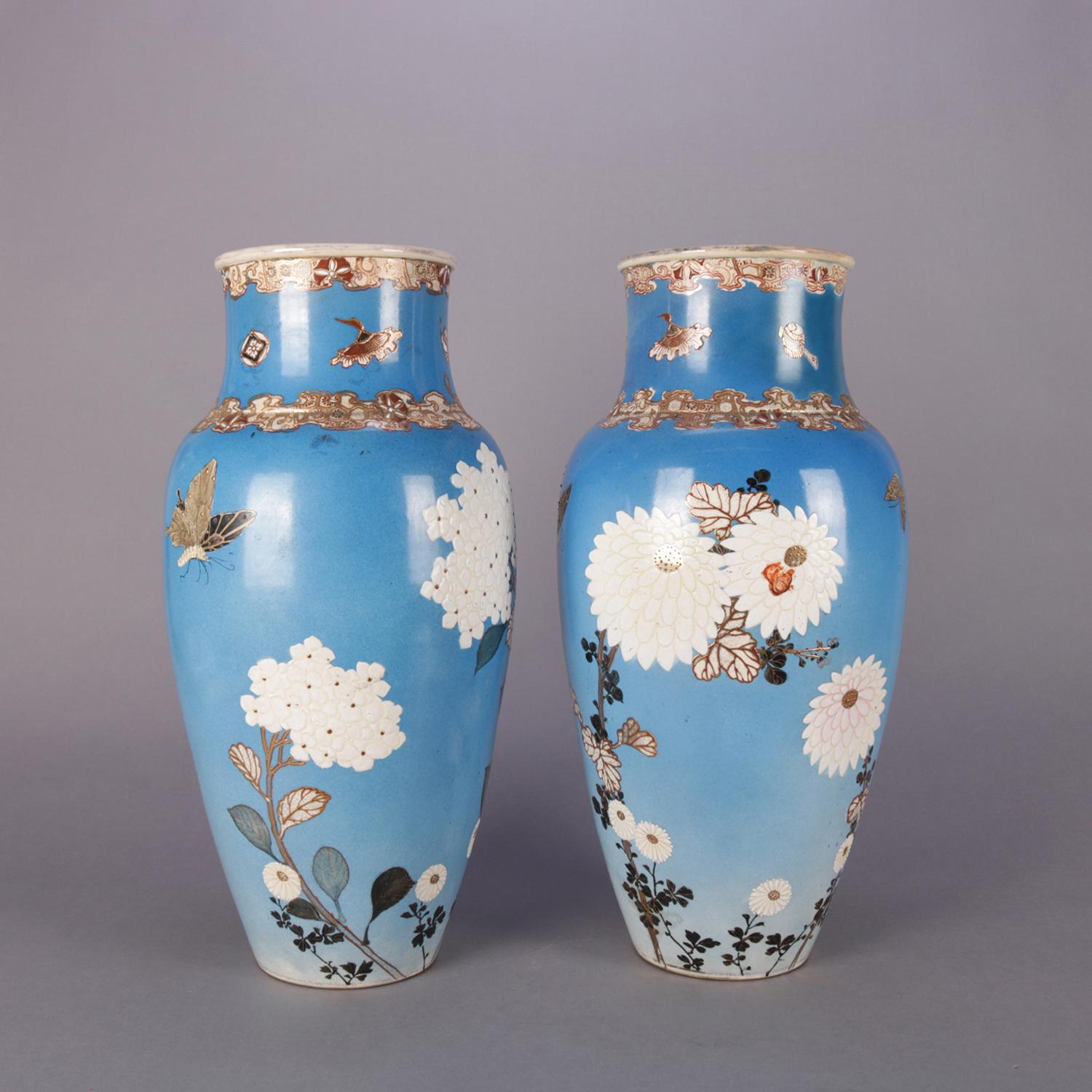19th Century Pair Japanese Satsuma Hand Floral and Gilt Pottery Floor Vases 2