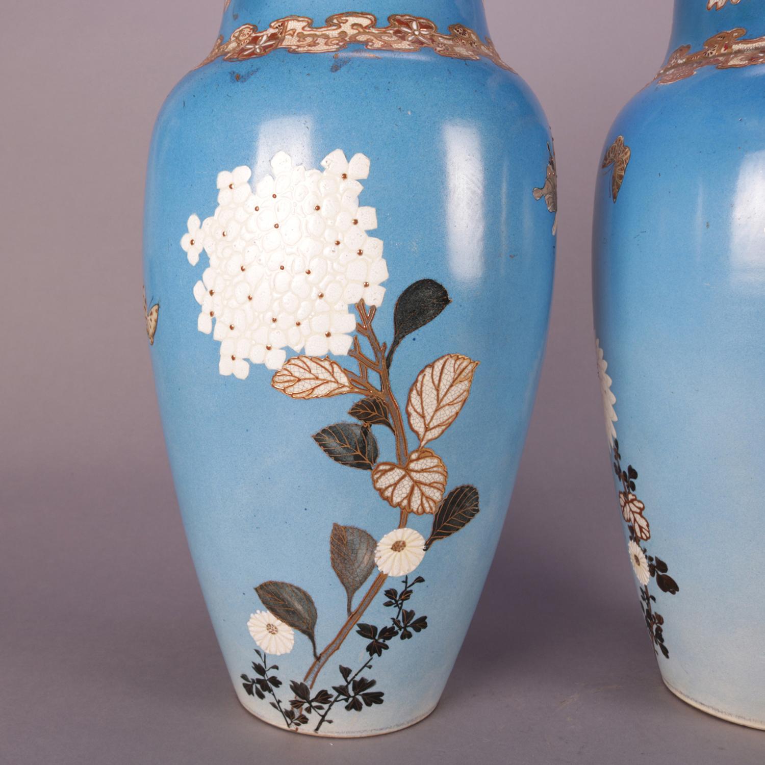 19th Century Pair Japanese Satsuma Hand Floral and Gilt Pottery Floor Vases 4