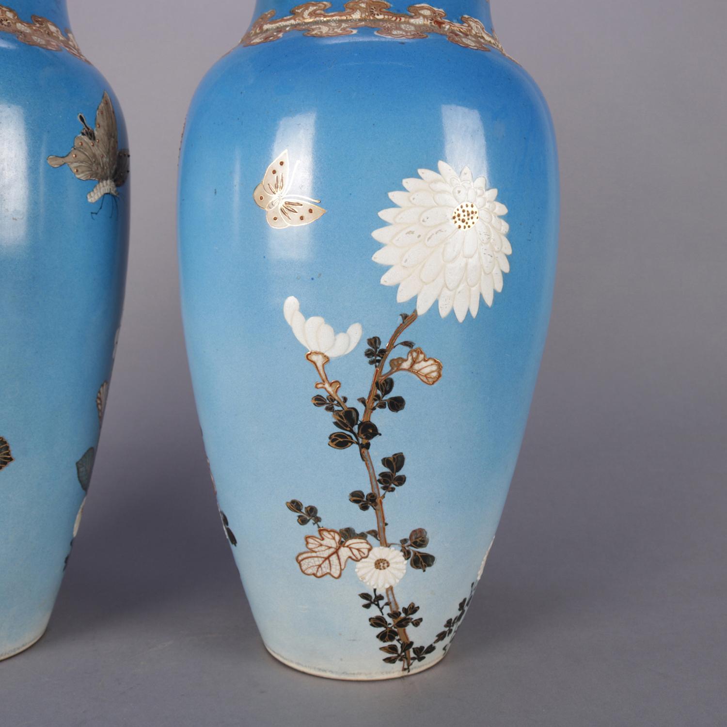 19th Century Pair Japanese Satsuma Hand Floral and Gilt Pottery Floor Vases 5