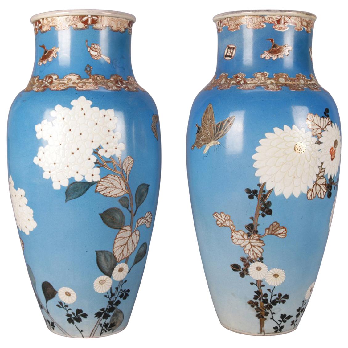 19th Century Pair Japanese Satsuma Hand Floral and Gilt Pottery Floor Vases