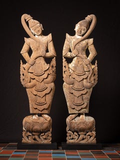 19th century Pair large antique Burmese wooden temple panels with Wathondara