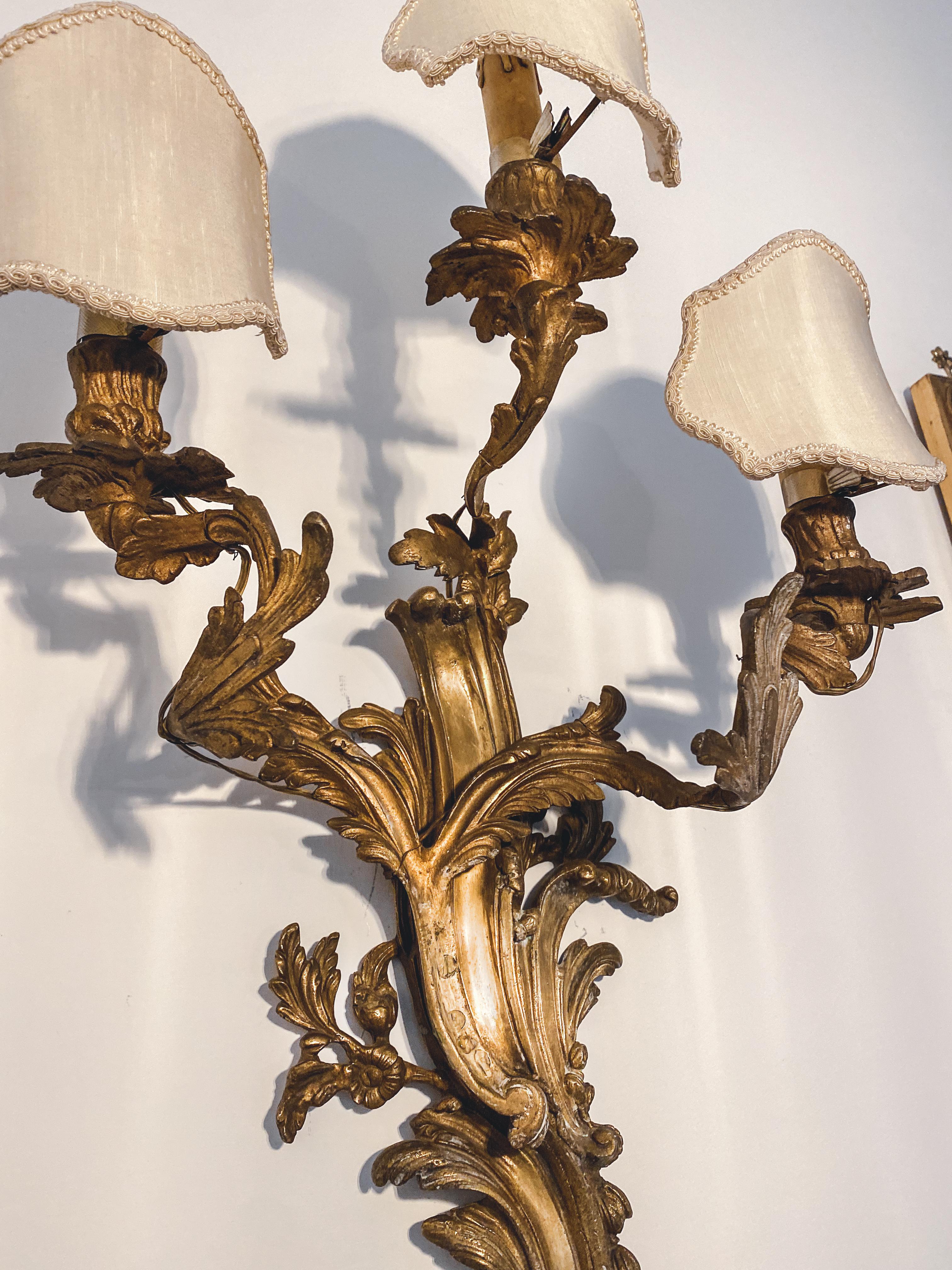 19th Century Pair Louis XV Style Gilt Bronze Appliques or Wall Lights For Sale 5