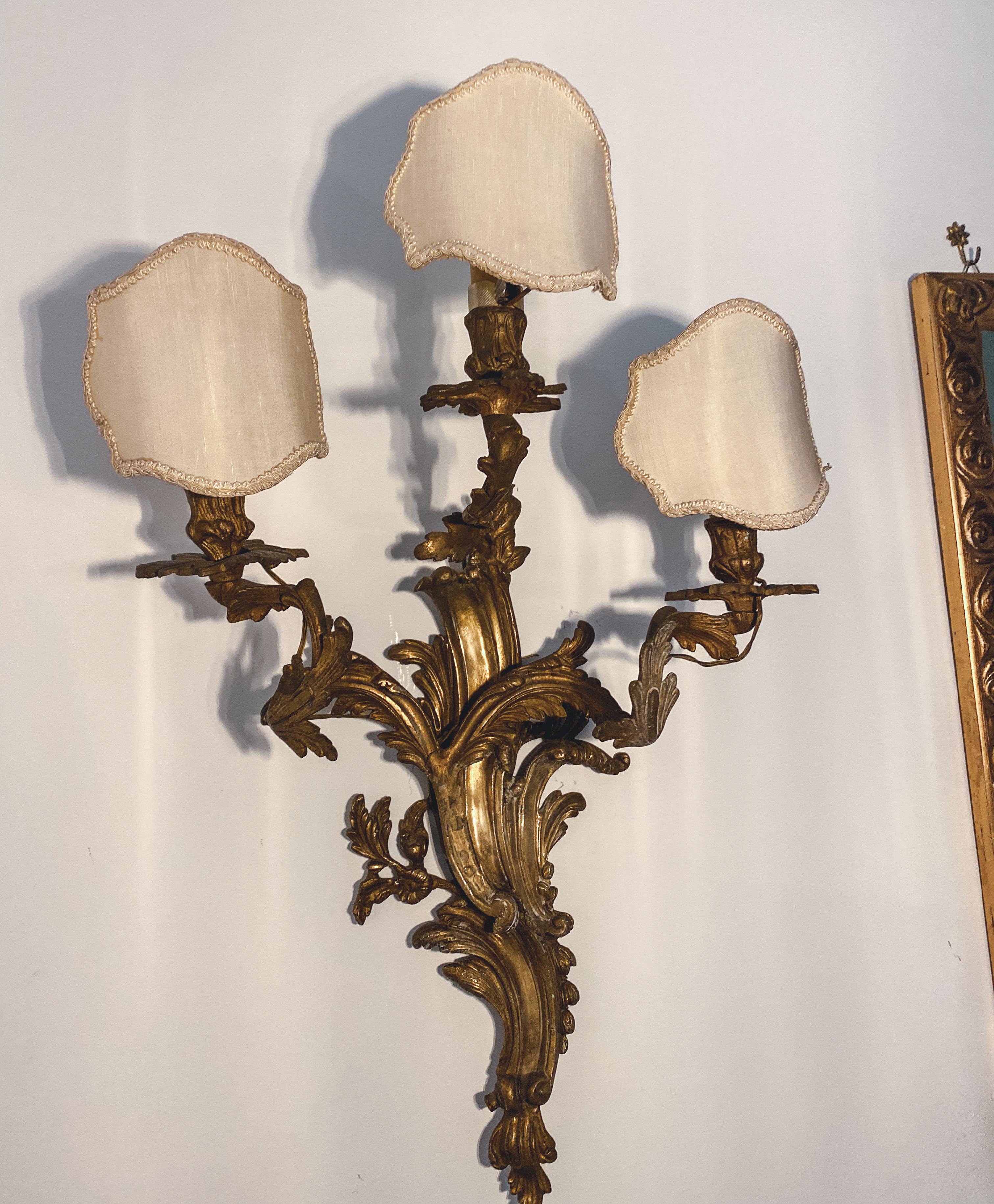 European 19th Century Pair Louis XV Style Gilt Bronze Appliques or Wall Lights For Sale