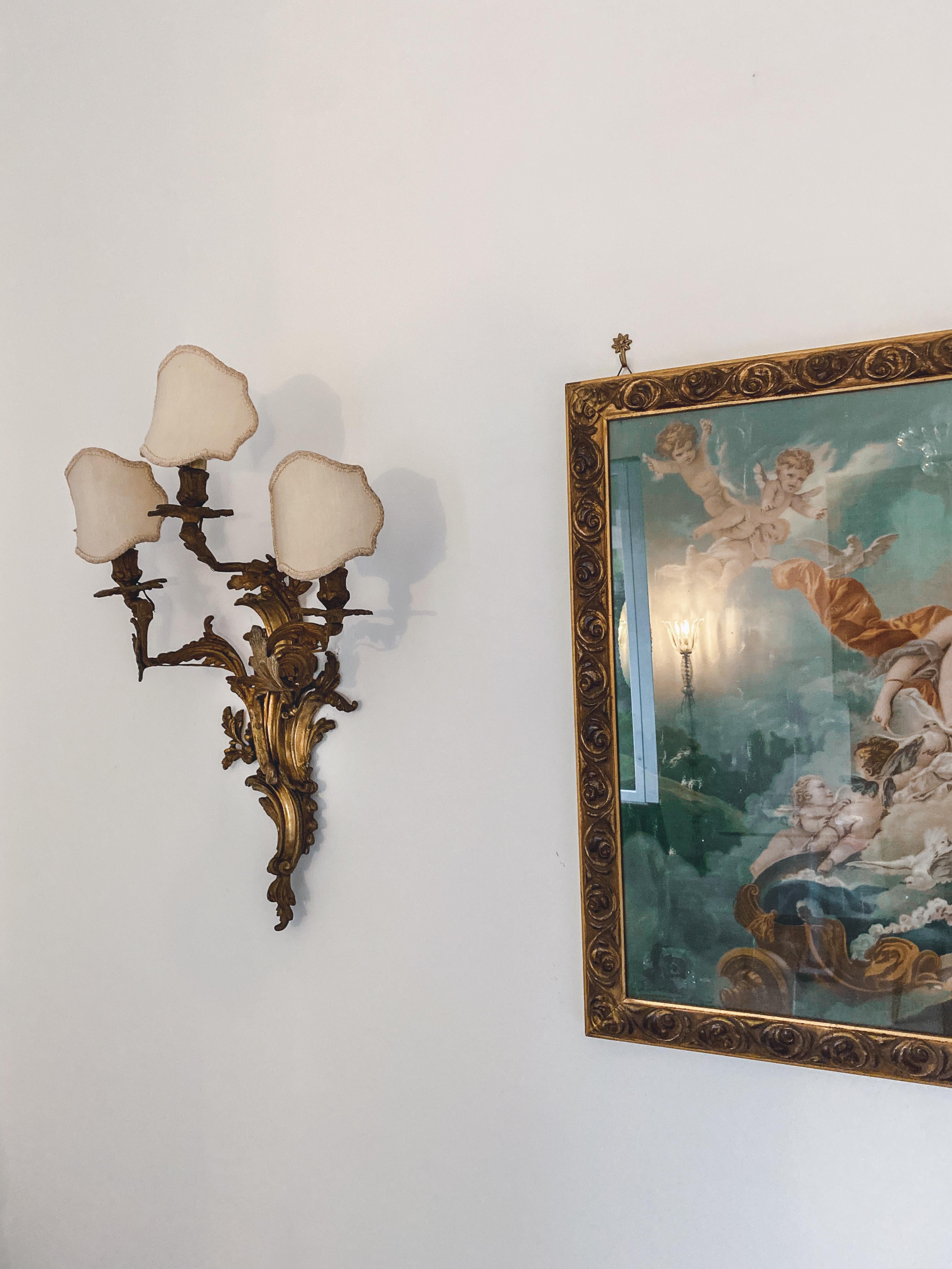 19th Century Pair Louis XV Style Gilt Bronze Appliques or Wall Lights For Sale 1