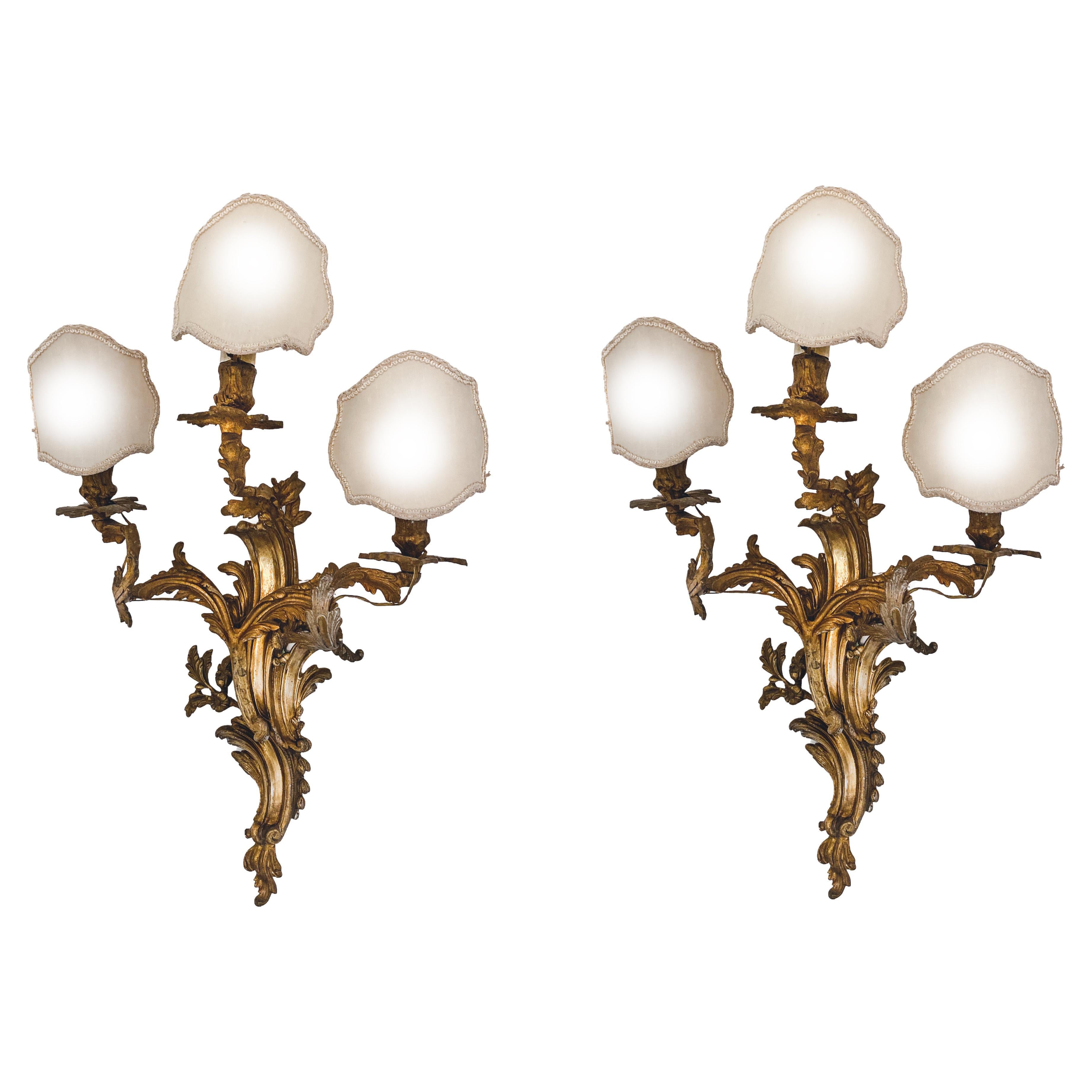 19th Century Pair Louis XV Style Gilt Bronze Appliques or Wall Lights