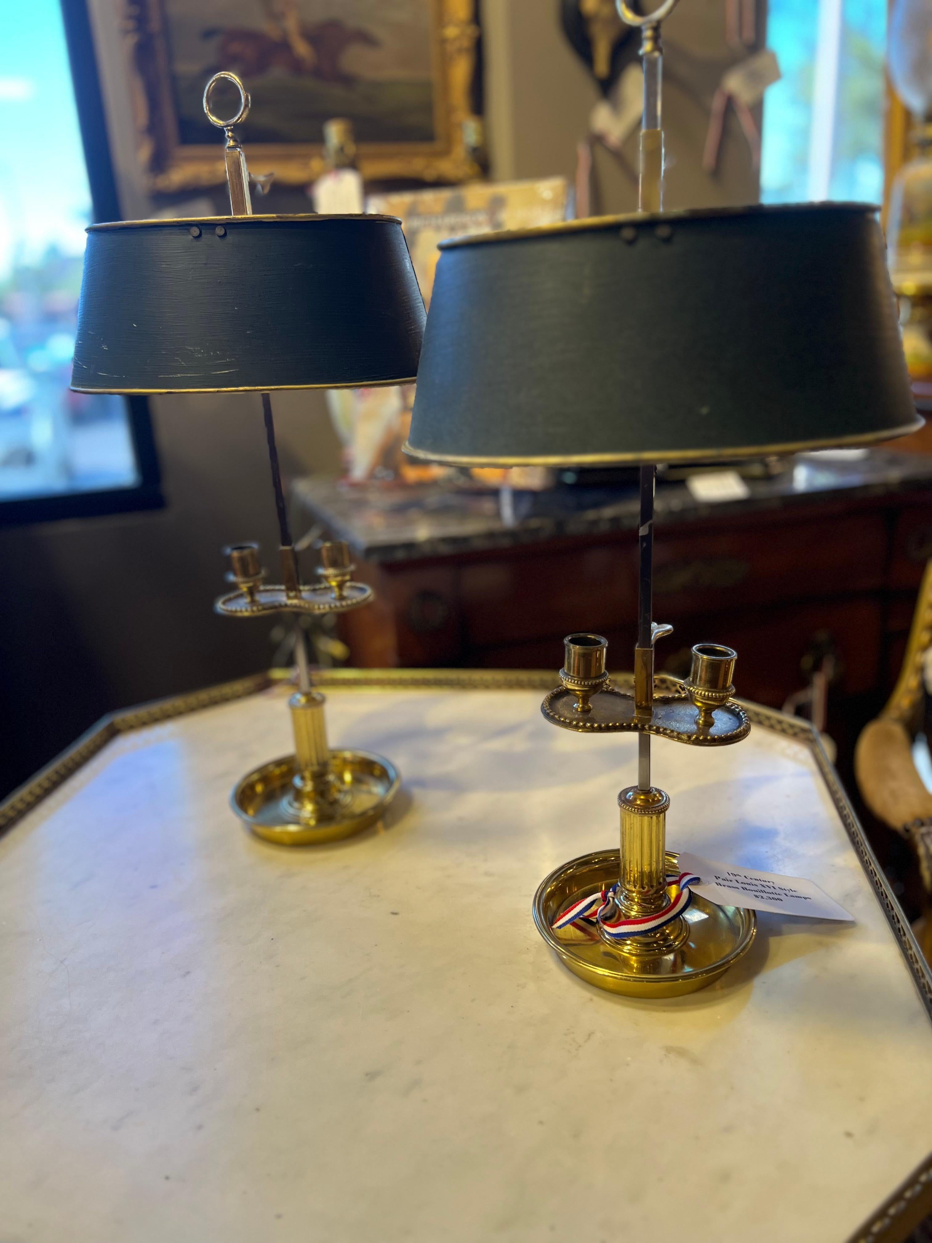 19th Century Pair Louis XVI Style Brass Bouillotte Lamps. Gorgeous set, see photos.