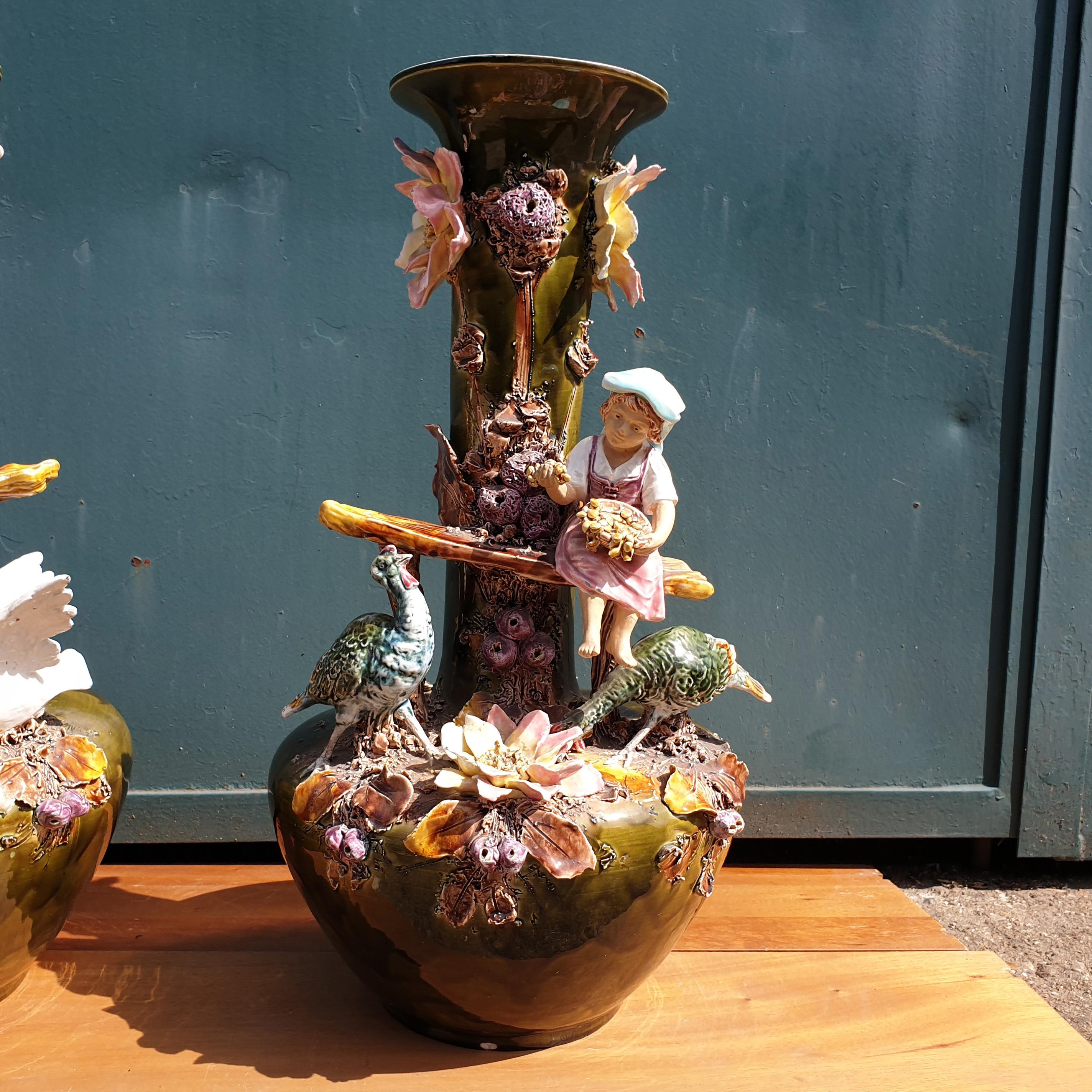 19th Century Pair Minton Vases with Farm Birds Encrusted Flowers and Children For Sale 7
