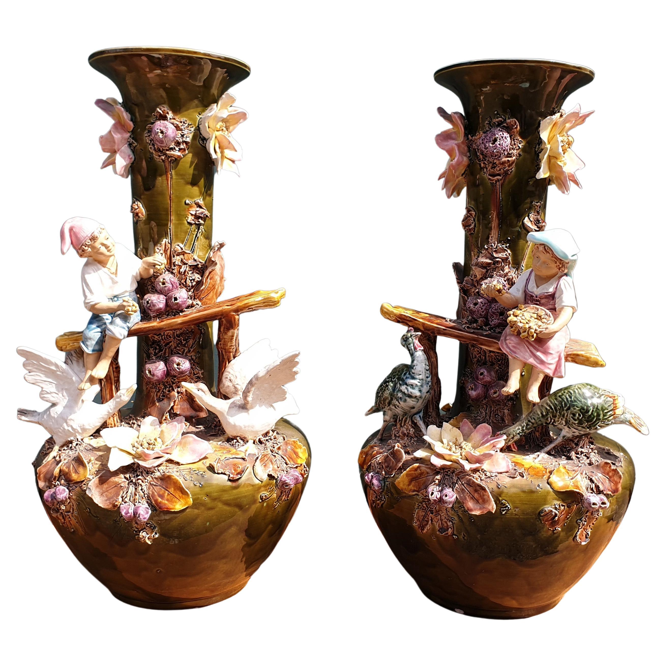 19th Century Pair Minton Vases with Farm Birds Encrusted Flowers and Children For Sale