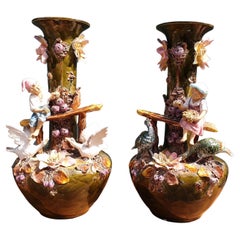 19th Century Pair Minton Vases with Farm Birds Encrusted Flowers and Children