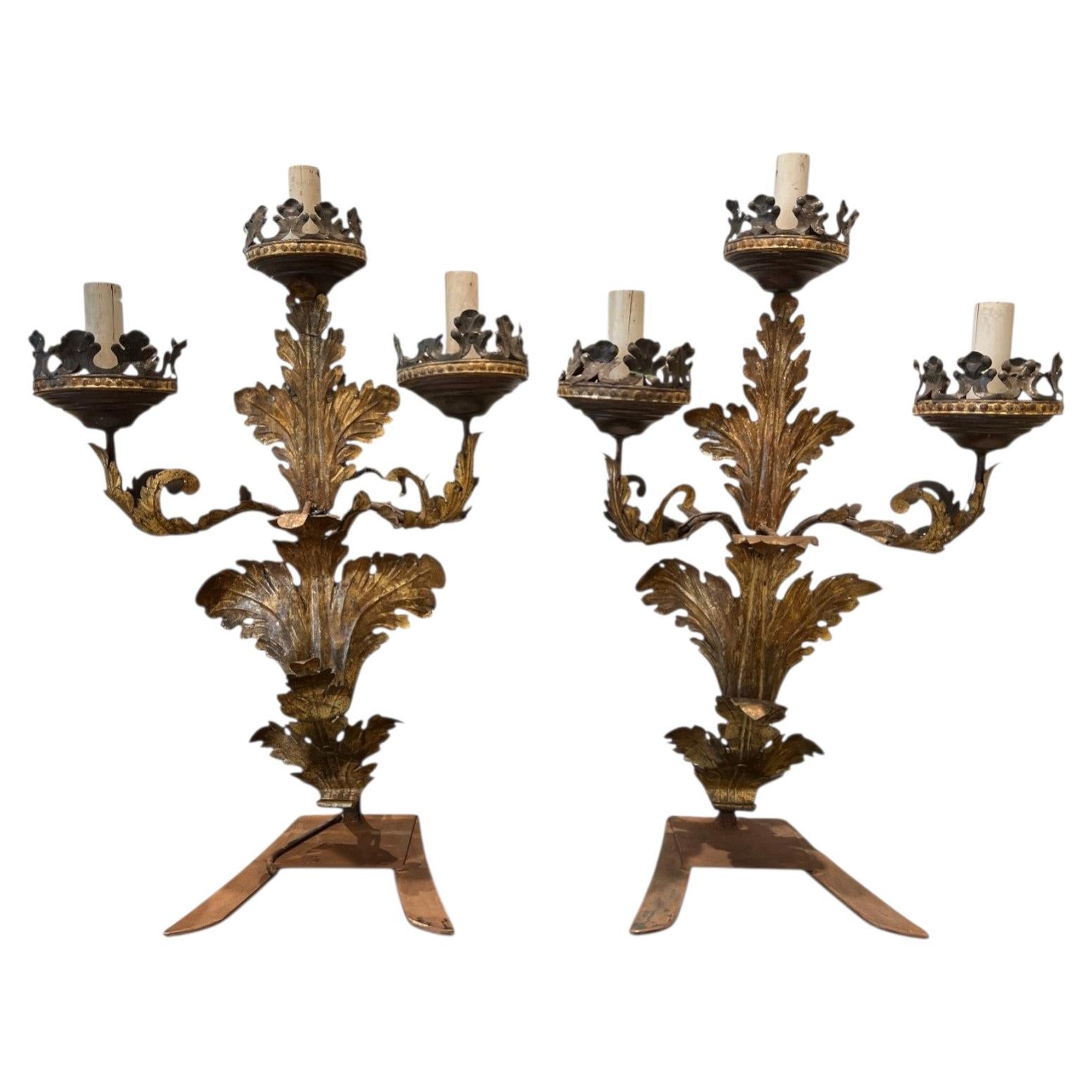 19th Century Pair of 3 Arm Italian Candelabras in Gilded Tole