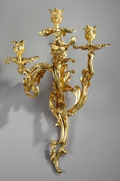 19th Century Pair of 3-Light Candle Wall Sconces in Rocaille Style