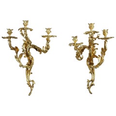 19th Century Pair of 3-Light Candle Wall Sconces in Rocaille Style