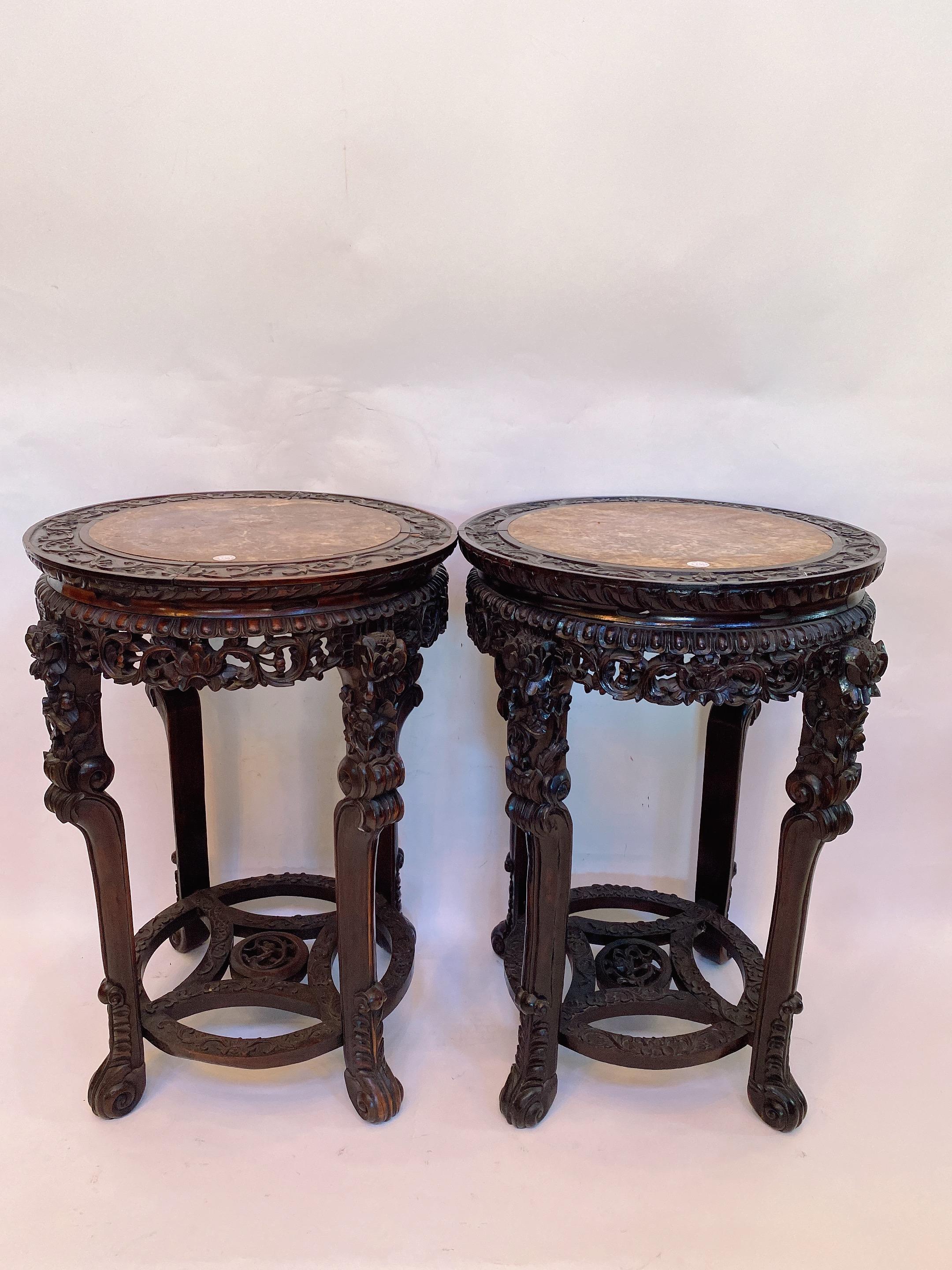 19th Century Pair of Chinese Carved Rosewood Flower Stands Marble-Top For Sale 9