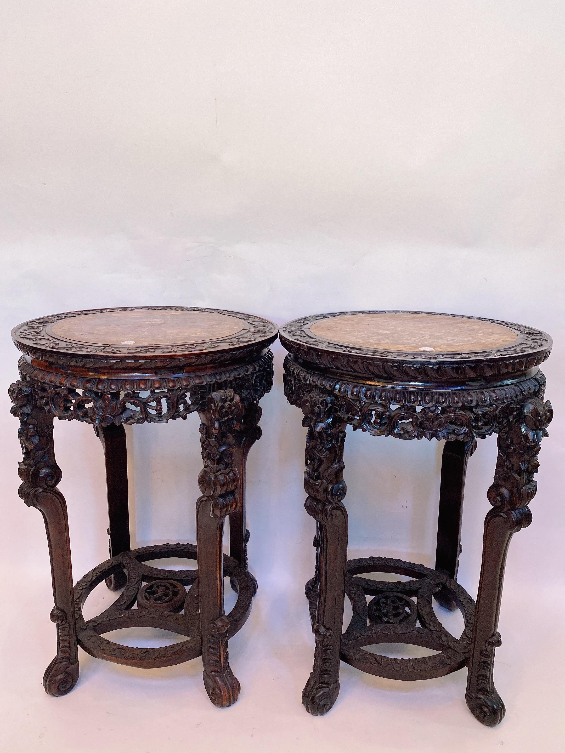 Chinese Export 19th Century Pair of Chinese Carved Rosewood Flower Stands Marble-Top For Sale