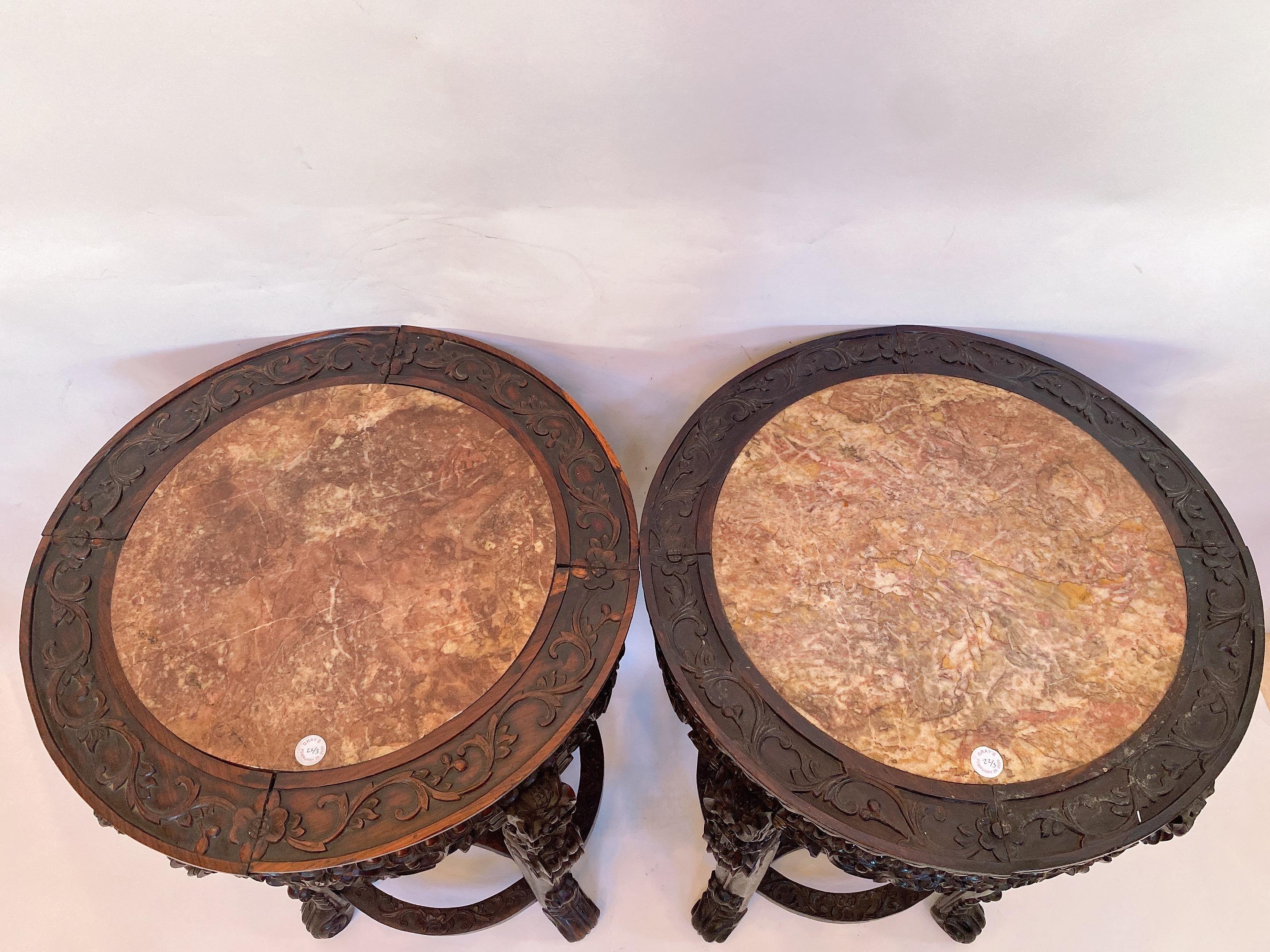 Hand-Carved 19th Century Pair of Chinese Carved Rosewood Flower Stands Marble-Top For Sale
