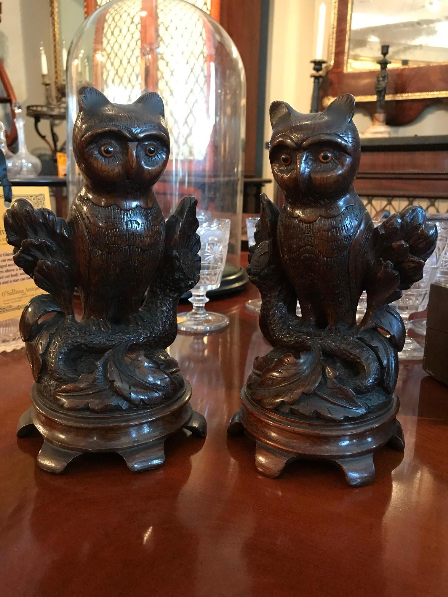 19th century Black Forest pair of finely hand carved animalier sculptures depicting owls.