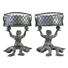 19th Century Pair of Antique French Bronze Jardinières with Putti & Shell Bases