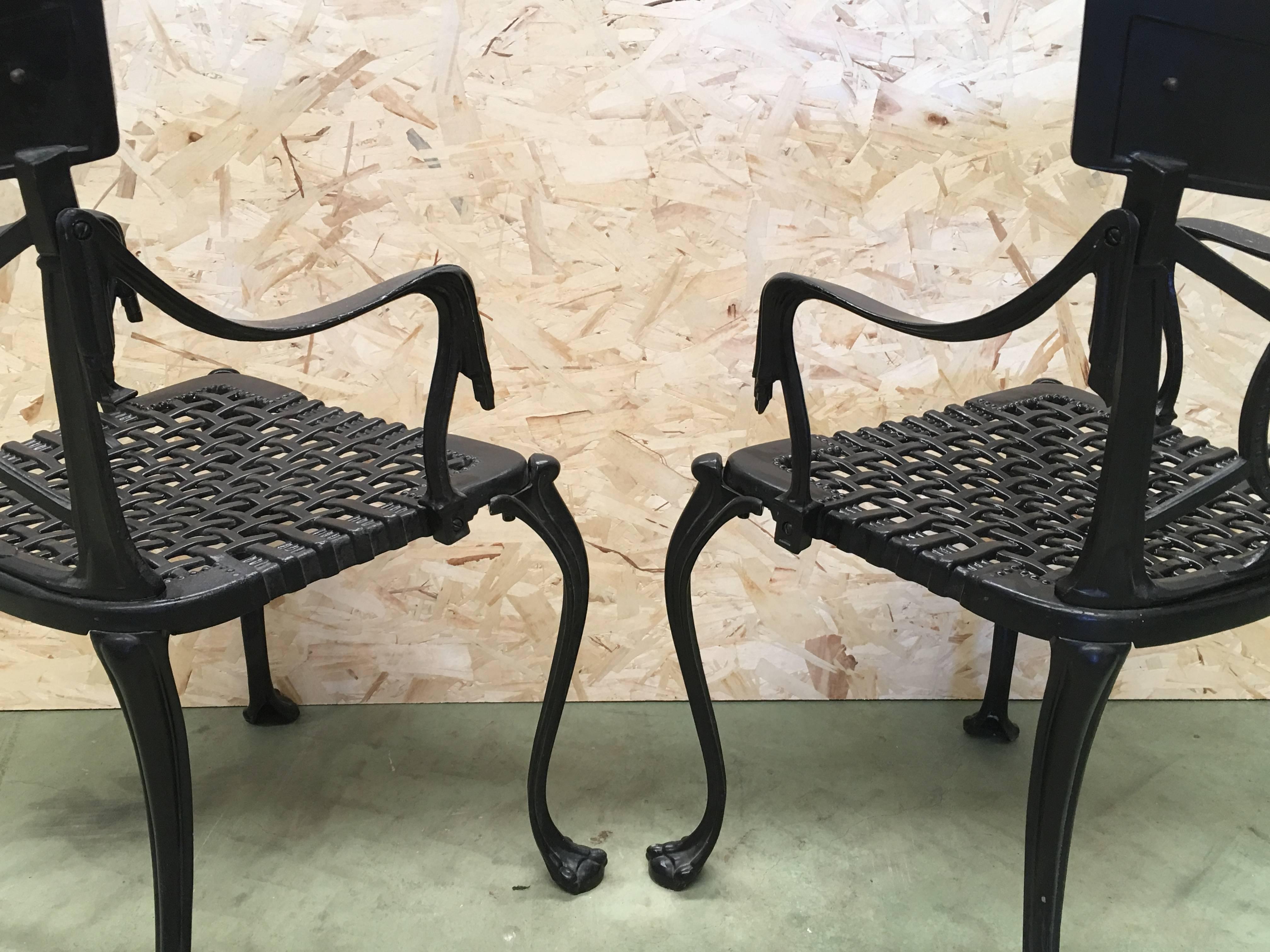 Velvet 19th Century Pair of Antique French Cast Iron Garden Chairs in Black