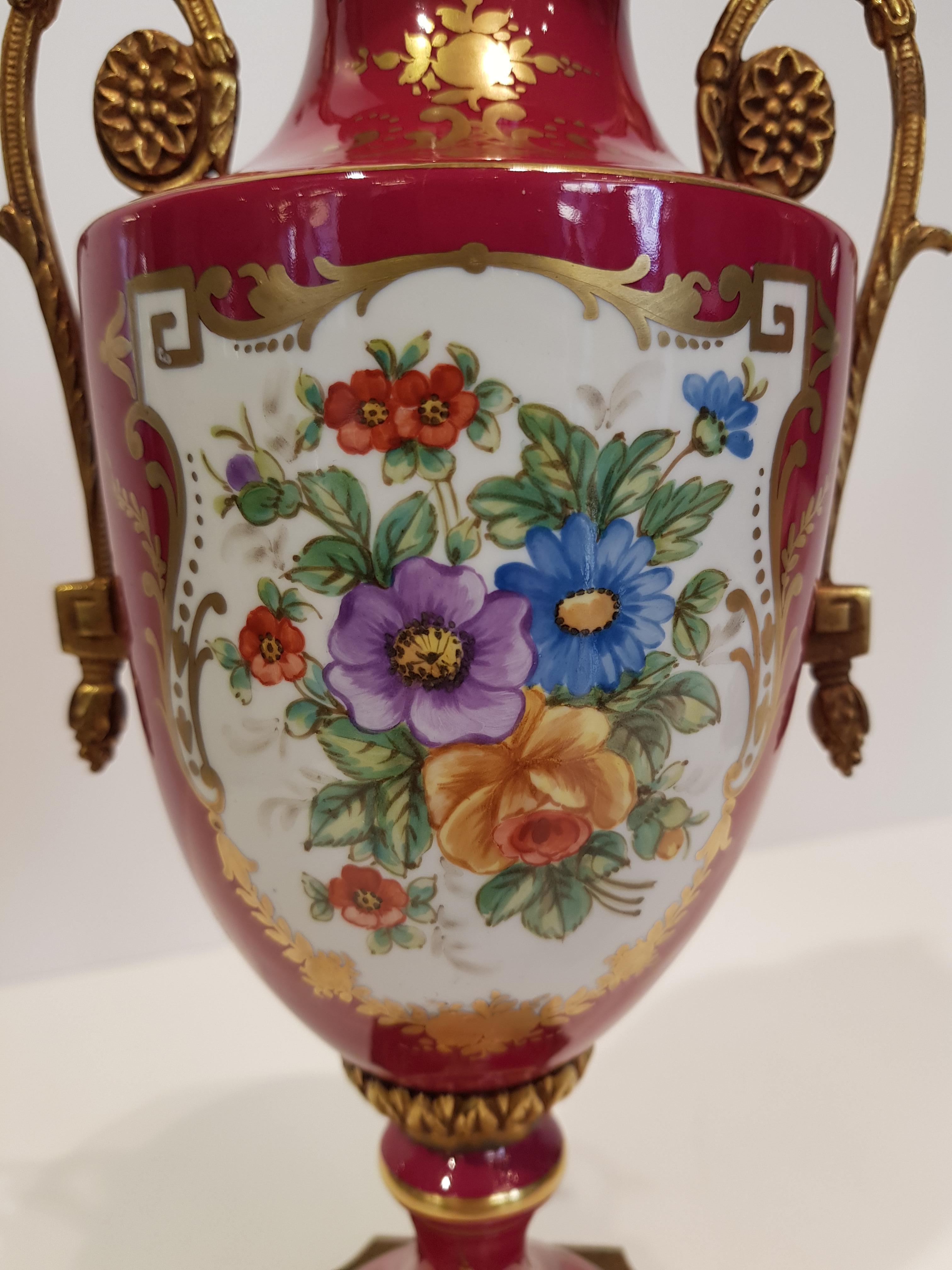Hand-Painted French  Vases in Sèvres Porcelain pink and gold with floral decoration 1890s For Sale