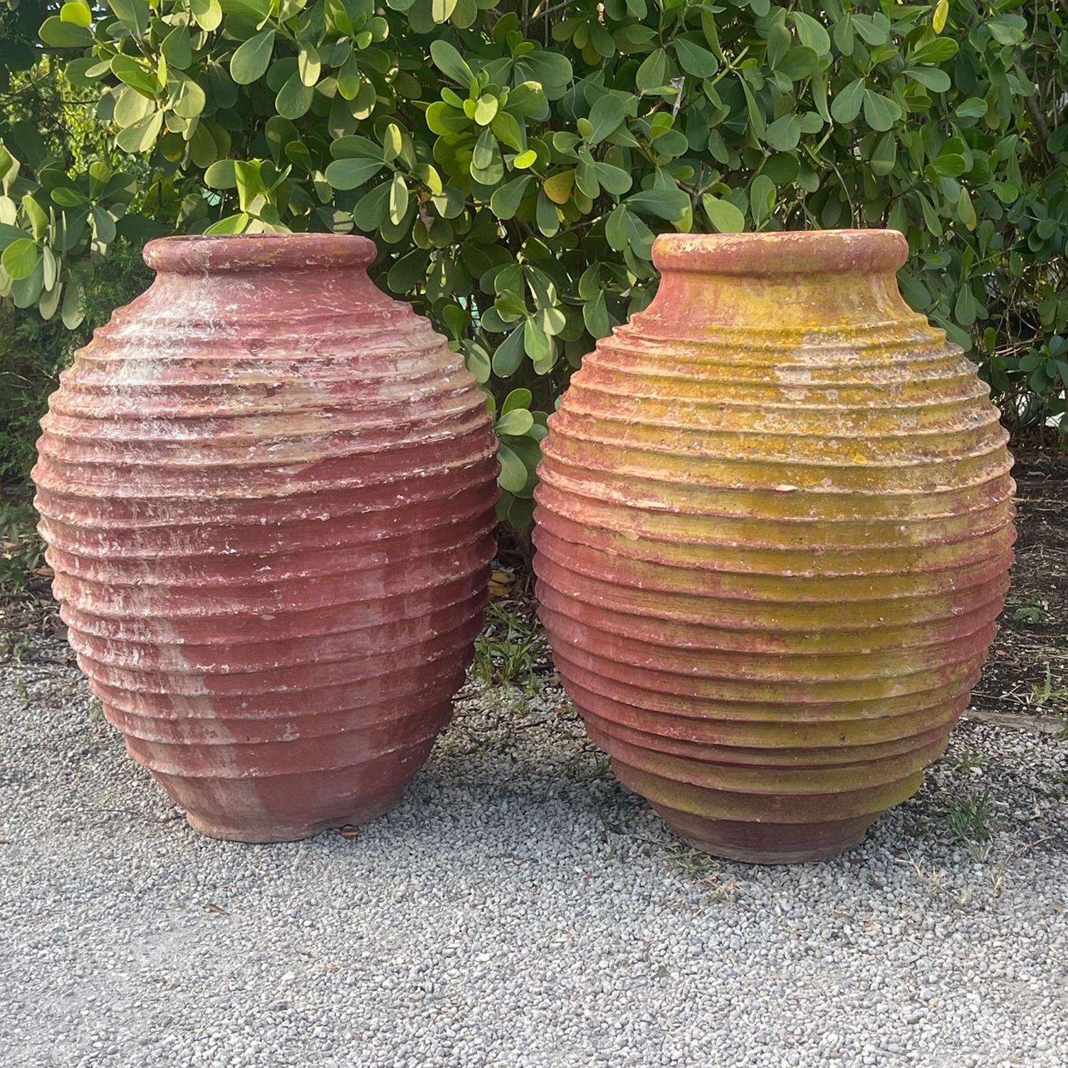 Una coppia di antiche giare per olio d'oliva del Peloponneso greco con la tipica decorazione artigianale a coste Nekuma sul corpetto rotondo. L'urna in terracotta presenta resti irregolari di una patina rossa storica. Questi antichi vasi da giardino